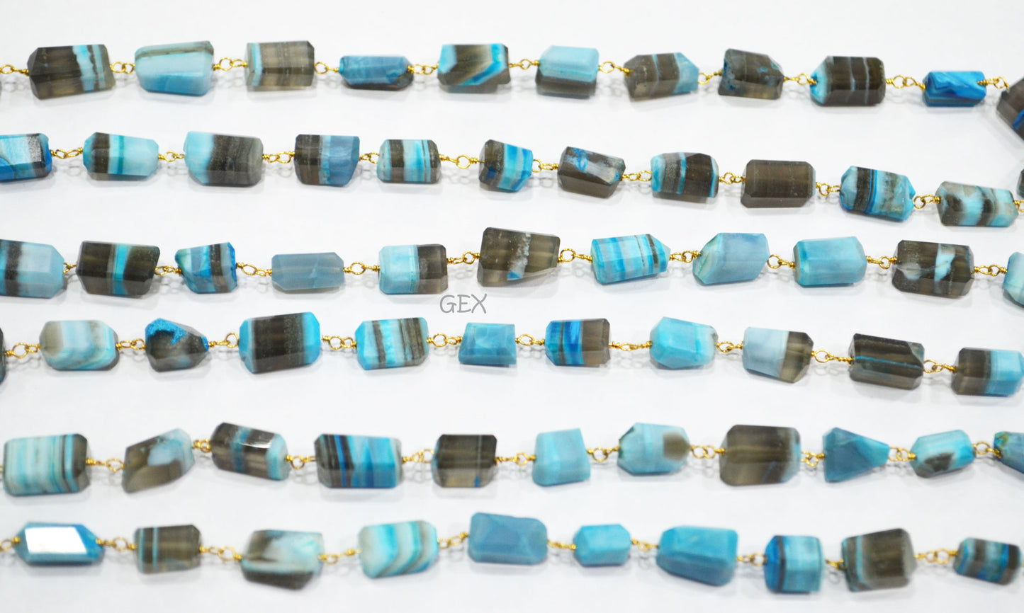 Blue Lace Chalcedony Faceted Laser Cut Nuggets Shape Rosary Beaded Chain , 6x7 - 7x12 mm , RB-6732