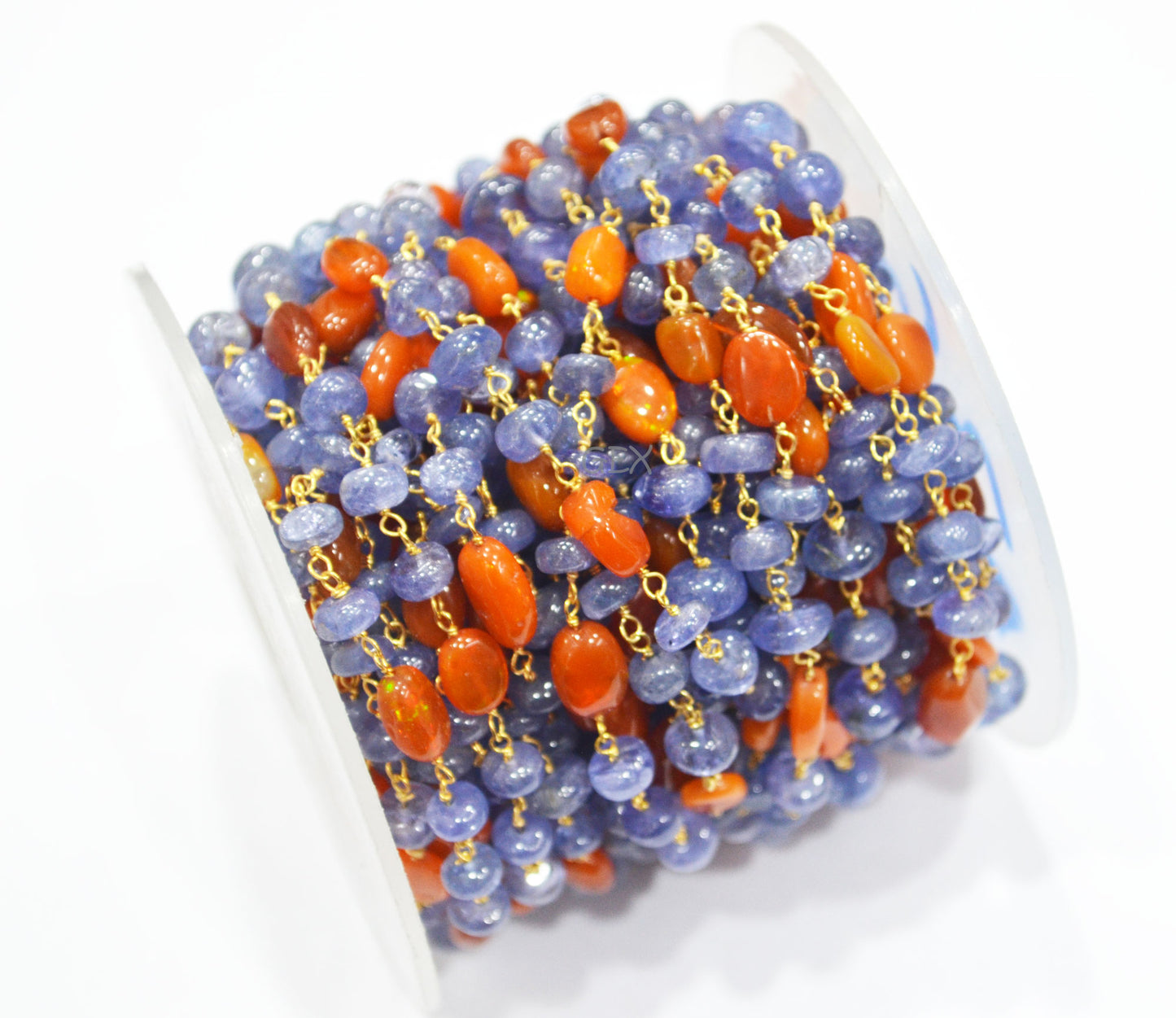 Tanzanite Uneven Rondelle Smooth Rosary Beaded Chain , Orange Ethiopian Opal Oval Nuggets Wire Wrapped Chain , 5 - 9 mm ,6736