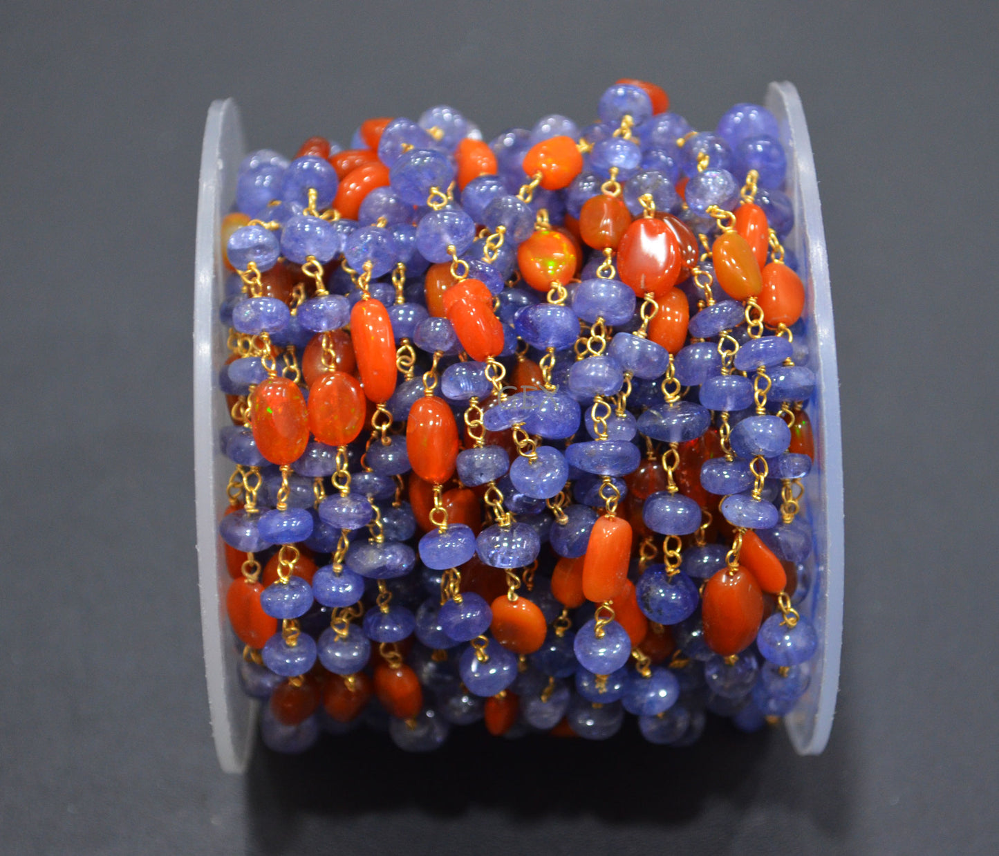 Tanzanite Uneven Rondelle Smooth Rosary Beaded Chain , Orange Ethiopian Opal Oval Nuggets Wire Wrapped Chain , 5 - 9 mm ,6736