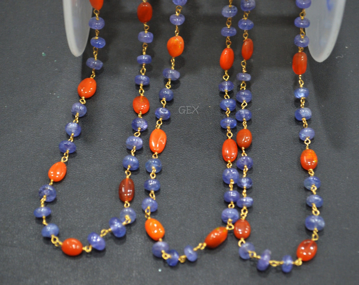 Tanzanite Uneven Rondelle Smooth Rosary Beaded Chain , Orange Ethiopian Opal Oval Nuggets Wire Wrapped Chain , 5 - 9 mm ,6736