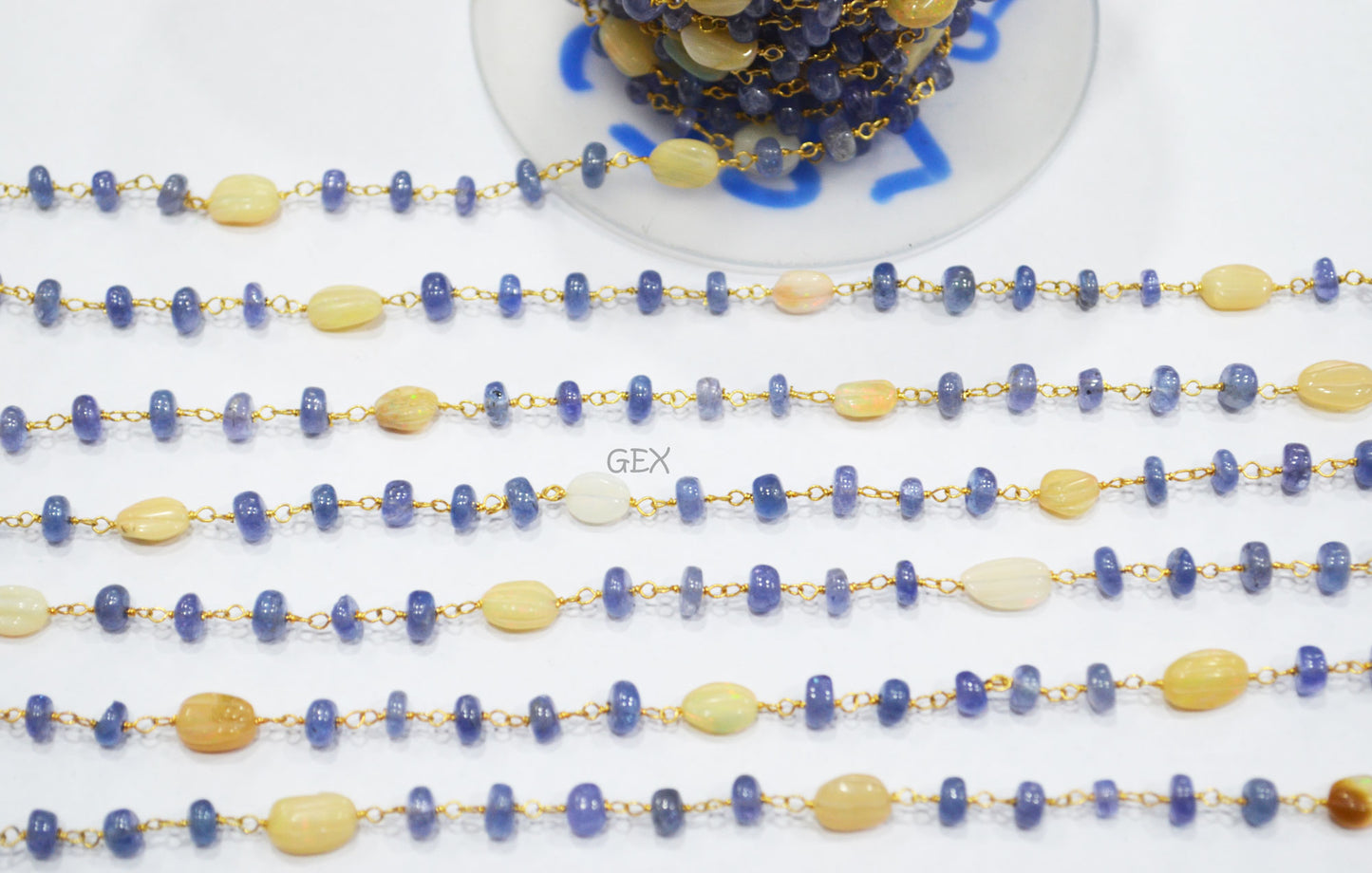 Tanzanite Uneven Rondelle Smooth Rosary Beaded Chain , Ethiopian Opal Carved Oval Nuggets Wire Wrapped Chain , 5 - 9 mm ,6737