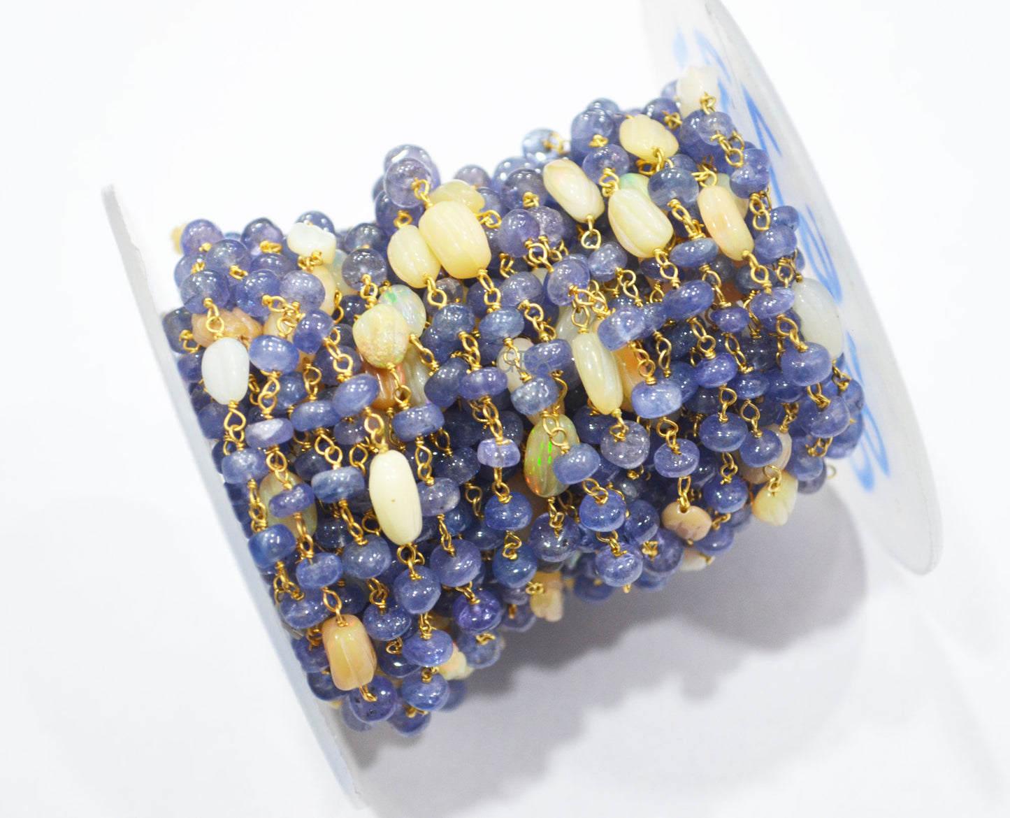 Tanzanite Uneven Rondelle Smooth Rosary Beaded Chain , Ethiopian Opal Carved Oval Nuggets Wire Wrapped Chain , 5 - 9 mm ,6737