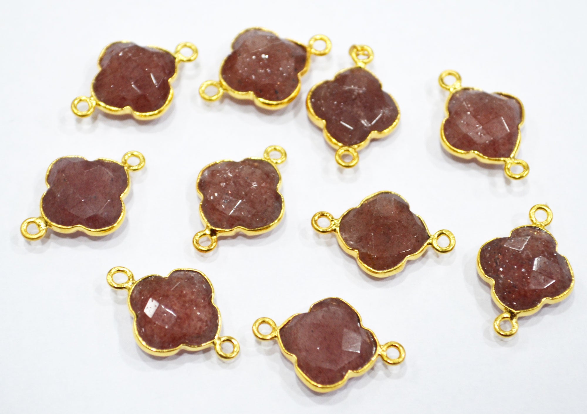 Red Strawberry Quartz Faceted Fancy Clover Shape Double Bail Connector With 1 Gm Gold Plating Charm , Sold By Piece , 15 mm , RB-6782