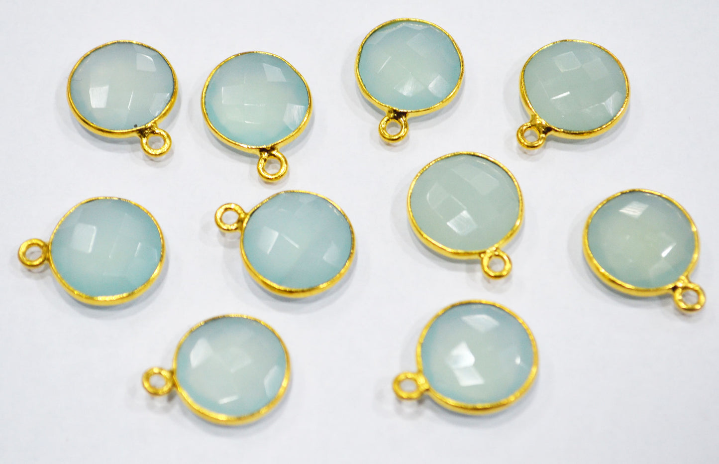 Superfine Aqua Chalcedony Faceted Coin Shape Single Bail Connector With 1 Gm Gold Plating , Sold By Piece , Ready Component , 14 mm ,RB-6785