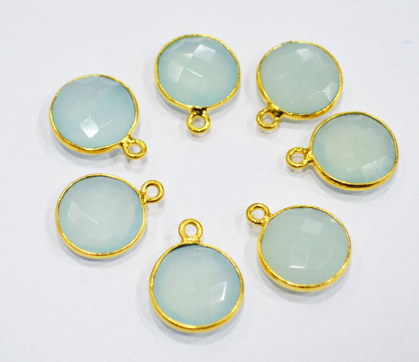 Superfine Aqua Chalcedony Faceted Coin Shape Single Bail Connector With 1 Gm Gold Plating , Sold By Piece , Ready Component , 14 mm ,RB-6785