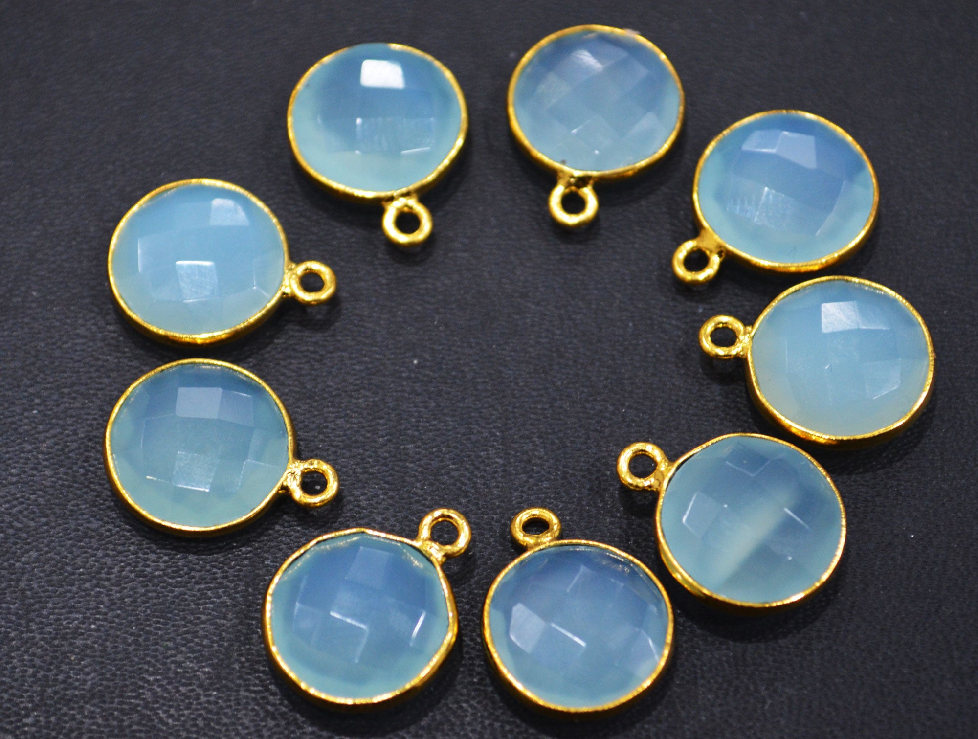 Superfine Aqua Chalcedony Faceted Coin Shape Single Bail Connector With 1 Gm Gold Plating , Sold By Piece , Ready Component , 14 mm ,RB-6785