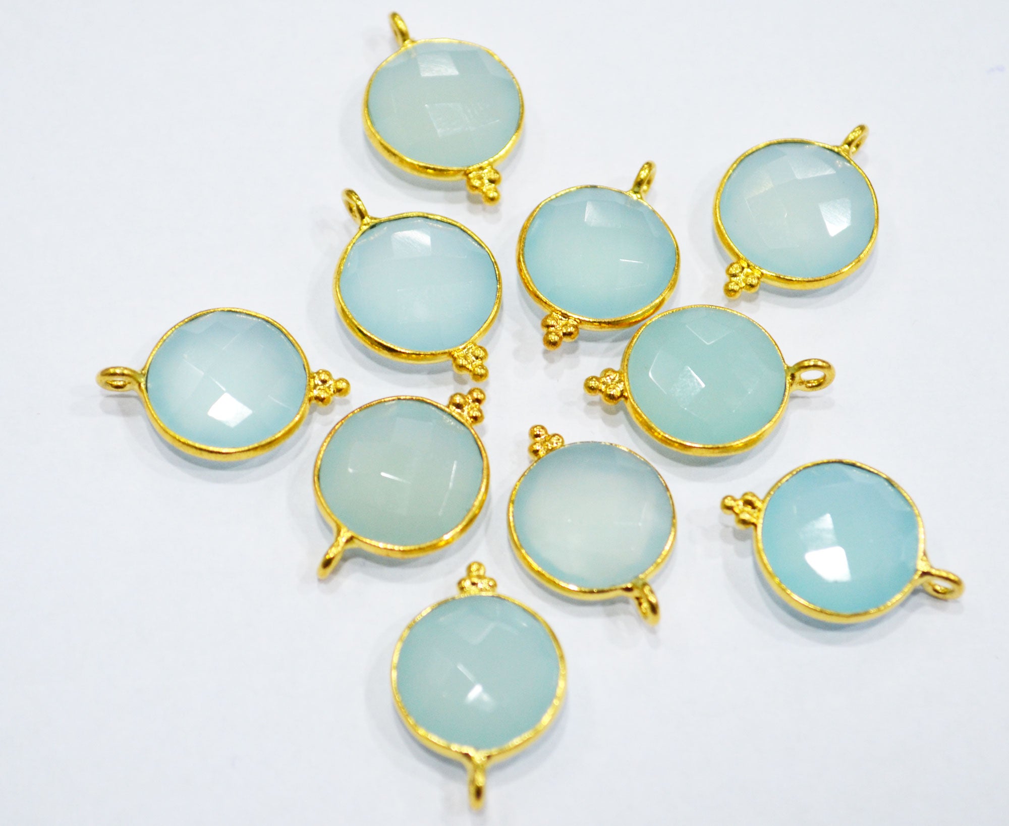 Best Aqua Chalcedony Faceted Coin Shape Single Bail Connector With 1 Gm Gold Plating , Sold By Piece , Ready Component , 14 mm , RB-6786