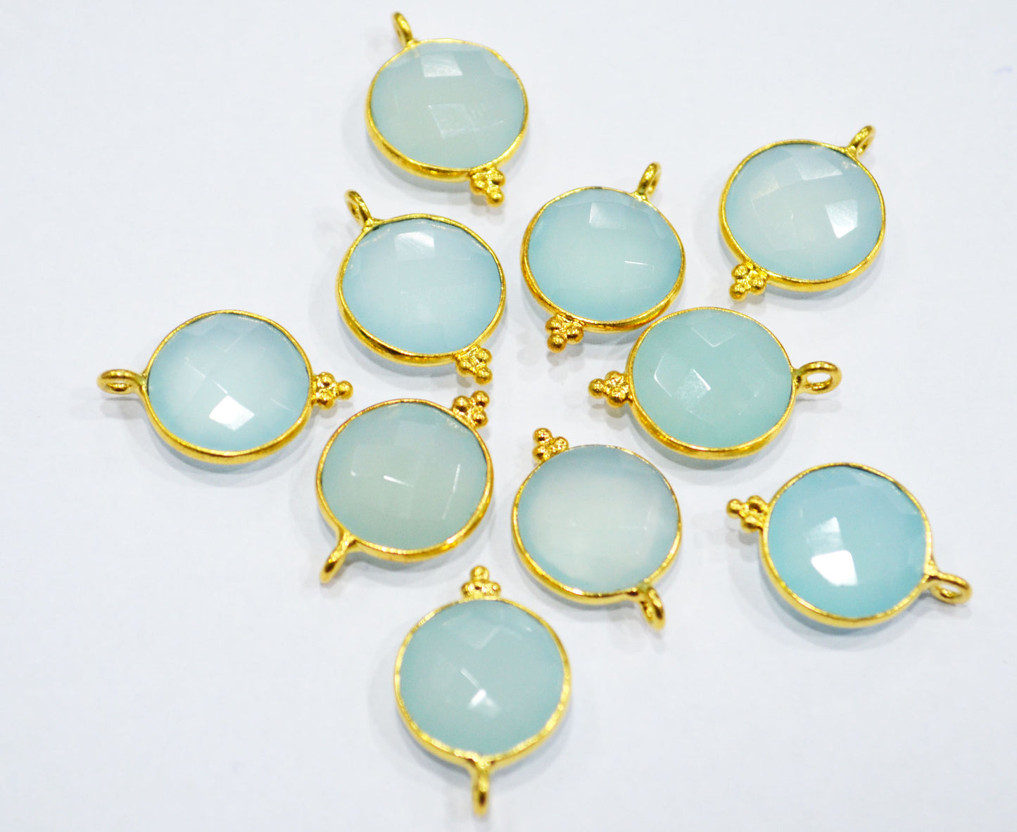 Best Aqua Chalcedony Faceted Coin Shape Single Bail Connector With 1 Gm Gold Plating , Sold By Piece , Ready Component , 14 mm , RB-6786