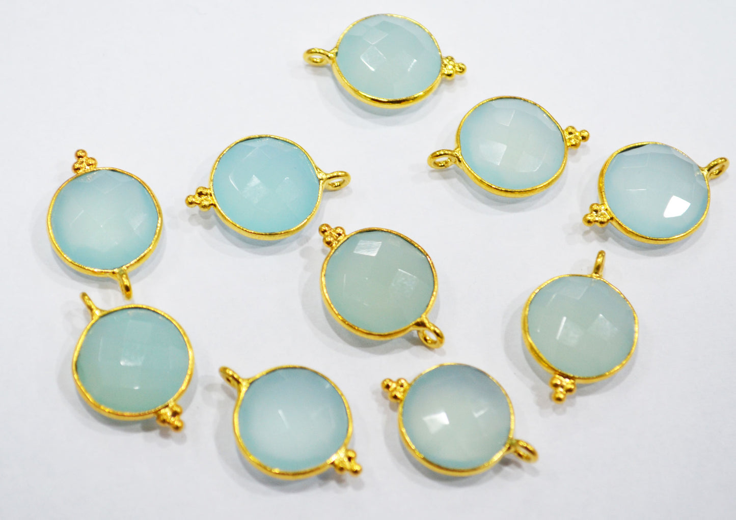 Best Aqua Chalcedony Faceted Coin Shape Single Bail Connector With 1 Gm Gold Plating , Sold By Piece , Ready Component , 14 mm , RB-6786