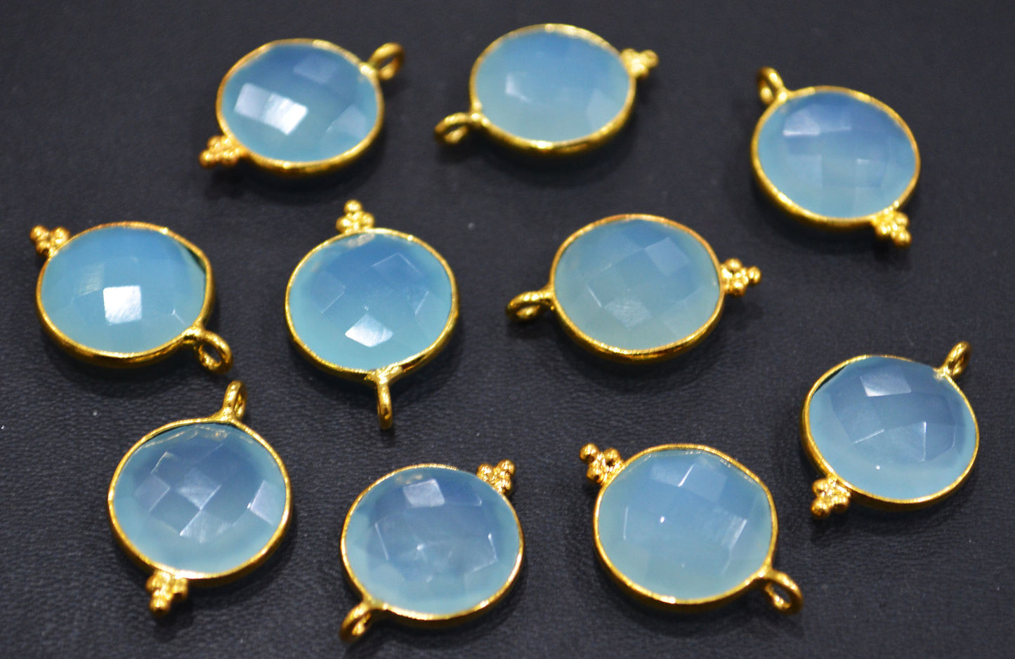 Best Aqua Chalcedony Faceted Coin Shape Single Bail Connector With 1 Gm Gold Plating , Sold By Piece , Ready Component , 14 mm , RB-6786