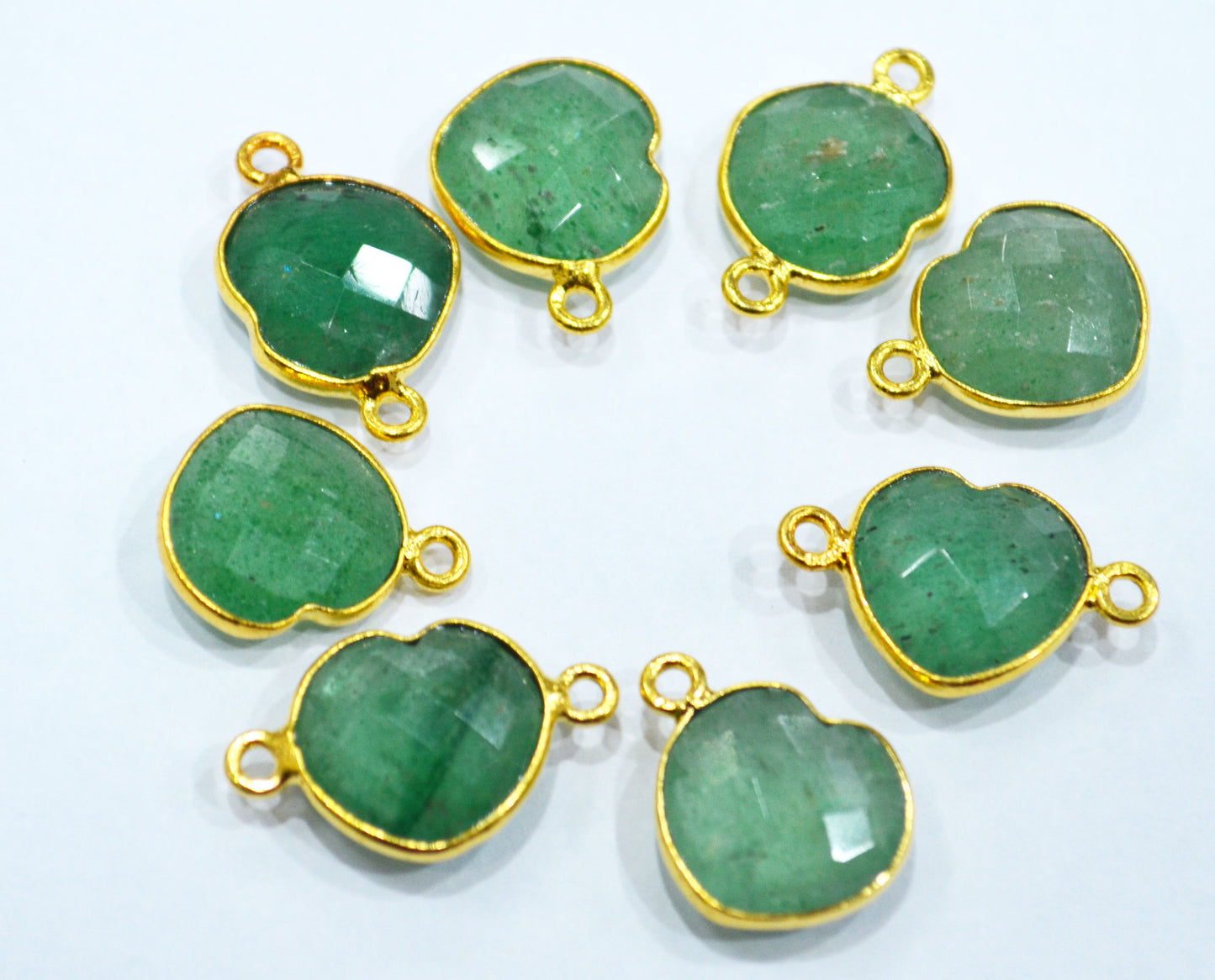 Green Strawberry Quartz Faceted Heart Shape Single And Double Bail Connector With 1 Gm Gold Plating Charm , Sold By Piece , 14 mm , RB-6787