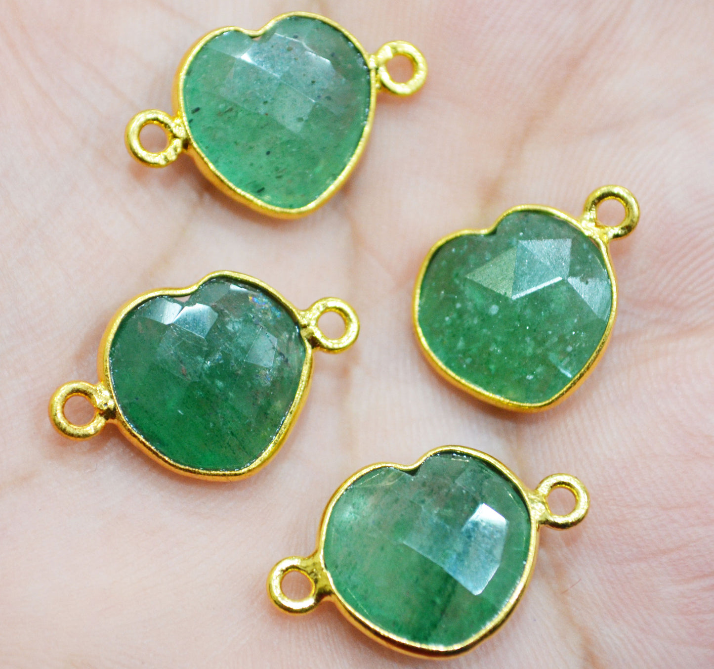 Green Strawberry Quartz Faceted Heart Shape Single And Double Bail Connector With 1 Gm Gold Plating Charm , Sold By Piece , 14 mm , RB-6787