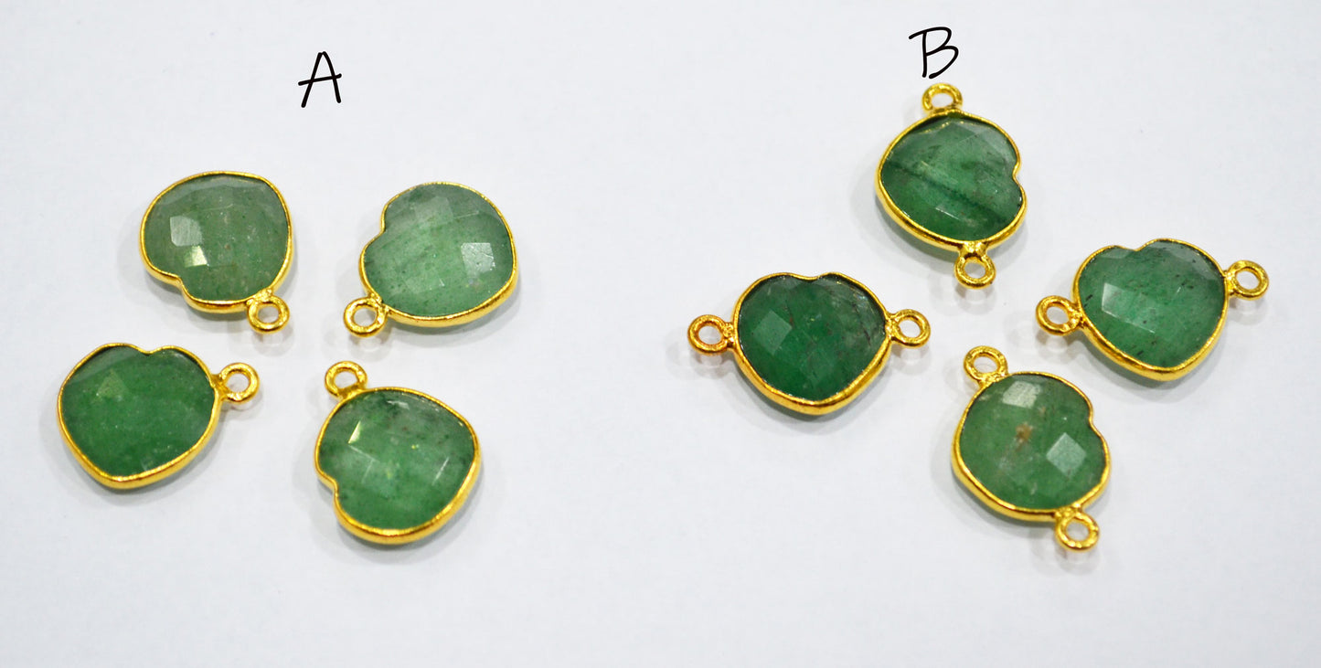 Green Strawberry Quartz Faceted Heart Shape Single And Double Bail Connector With 1 Gm Gold Plating Charm , Sold By Piece , 14 mm , RB-6787