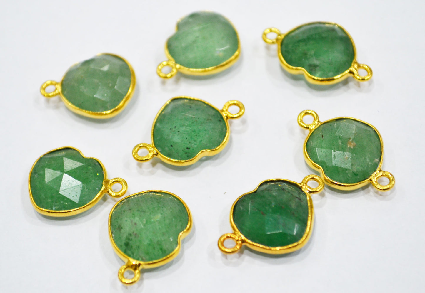 Green Strawberry Quartz Faceted Heart Shape Single And Double Bail Connector With 1 Gm Gold Plating Charm , Sold By Piece , 14 mm , RB-6787
