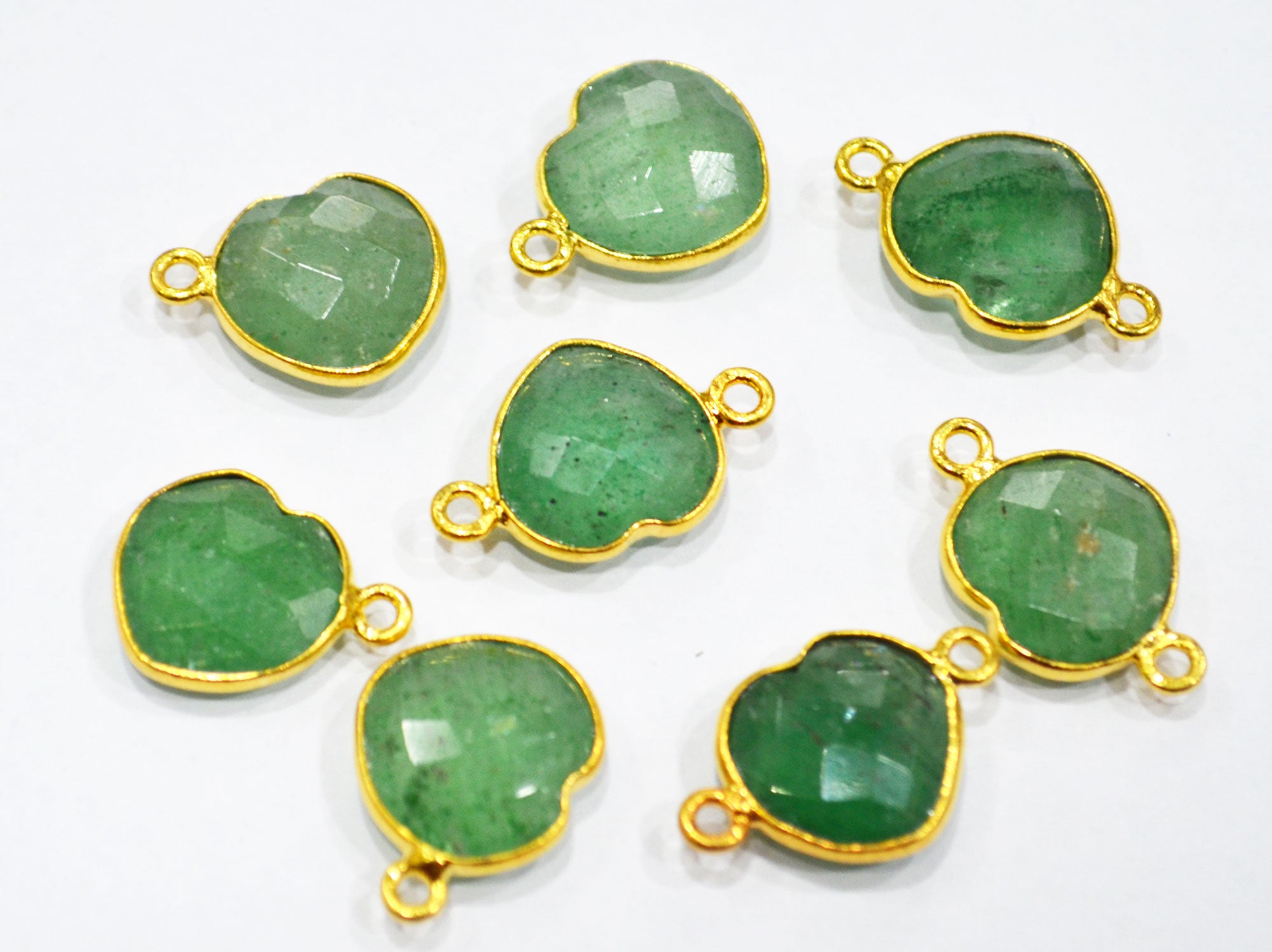 Green Strawberry Quartz Faceted Heart Shape Single And Double Bail Connector With 1 Gm Gold Plating Charm , Sold By Piece , 14 mm , RB-6787