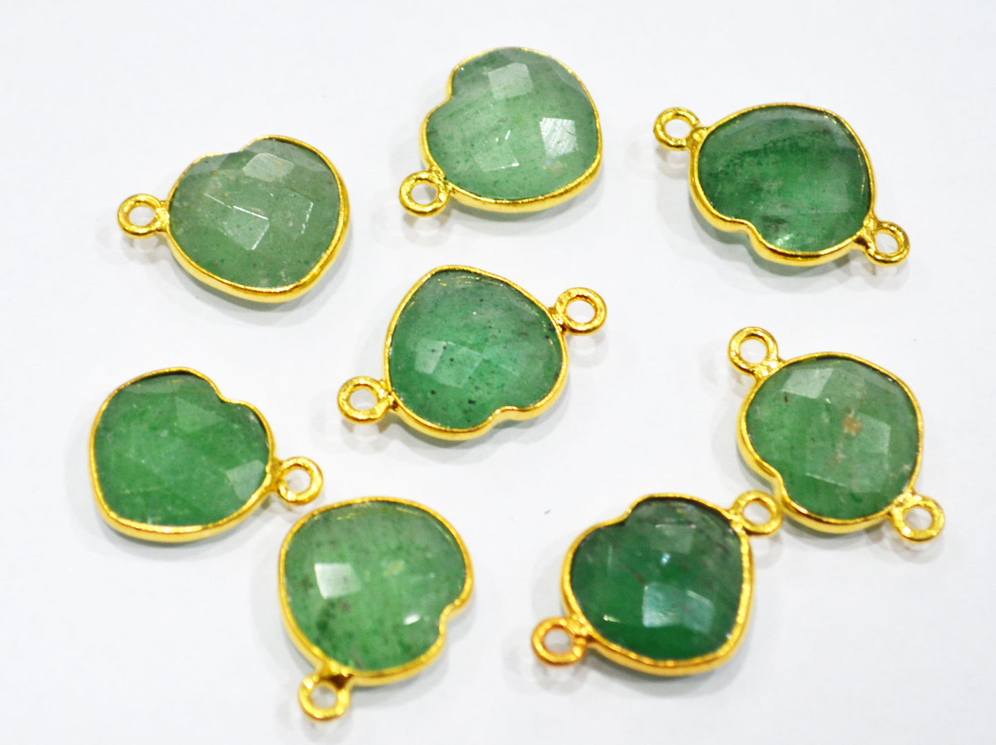 Green Strawberry Quartz Faceted Heart Shape Single And Double Bail Connector With 1 Gm Gold Plating Charm , Sold By Piece , 14 mm , RB-6787