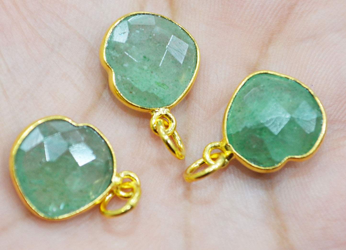 Green Strawberry Quartz Faceted Heart Shape Single Bail Connector With 1 Gm Gold Plating , Sold By Piece , Ready Component , 14 mm , RB-6788