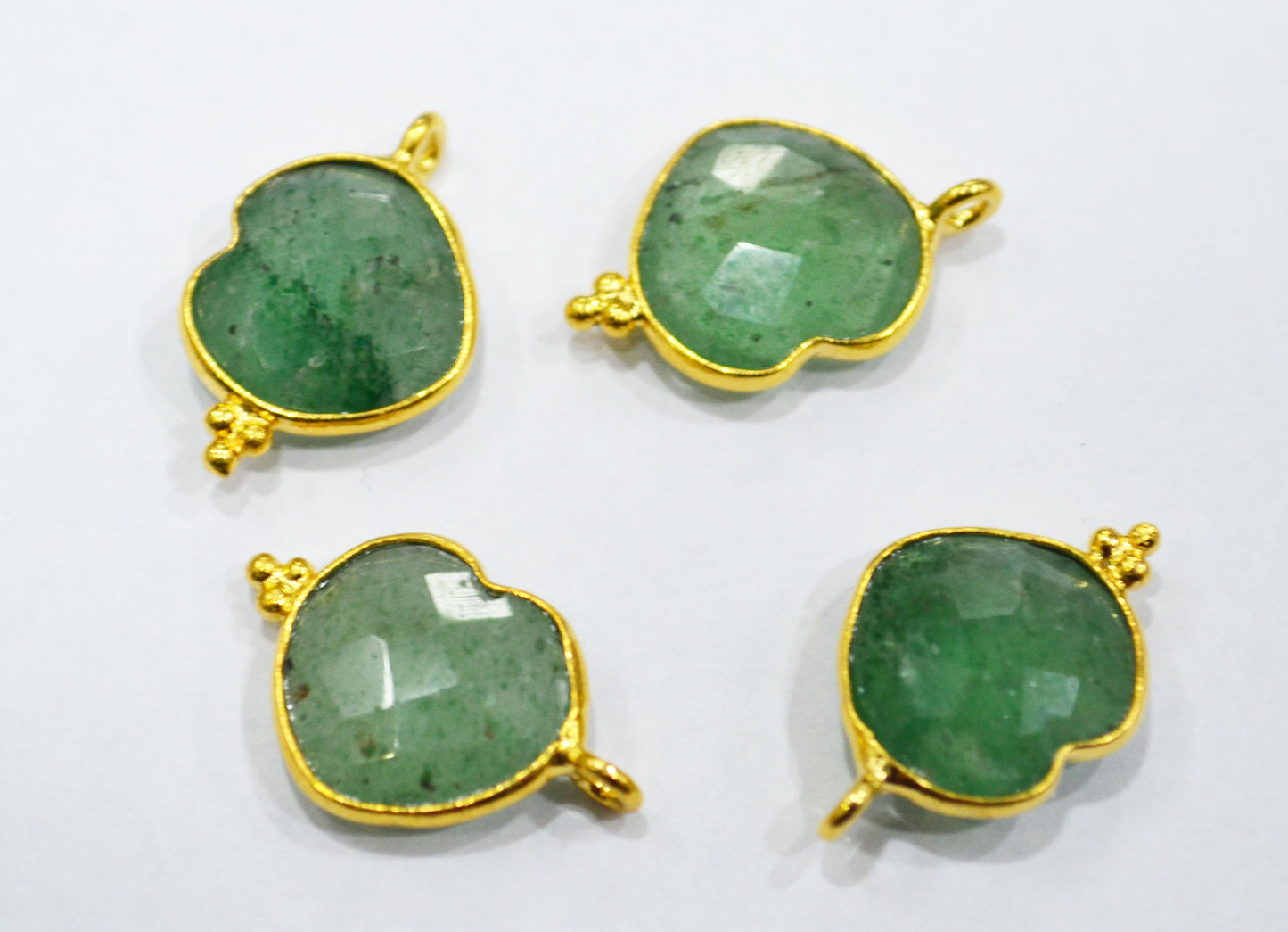 Green Strawberry Quartz Faceted Heart Shape Single Bail Connector With 1 Gm Gold Plating , Sold By Piece , Ready Component , 14 mm , RB-6789