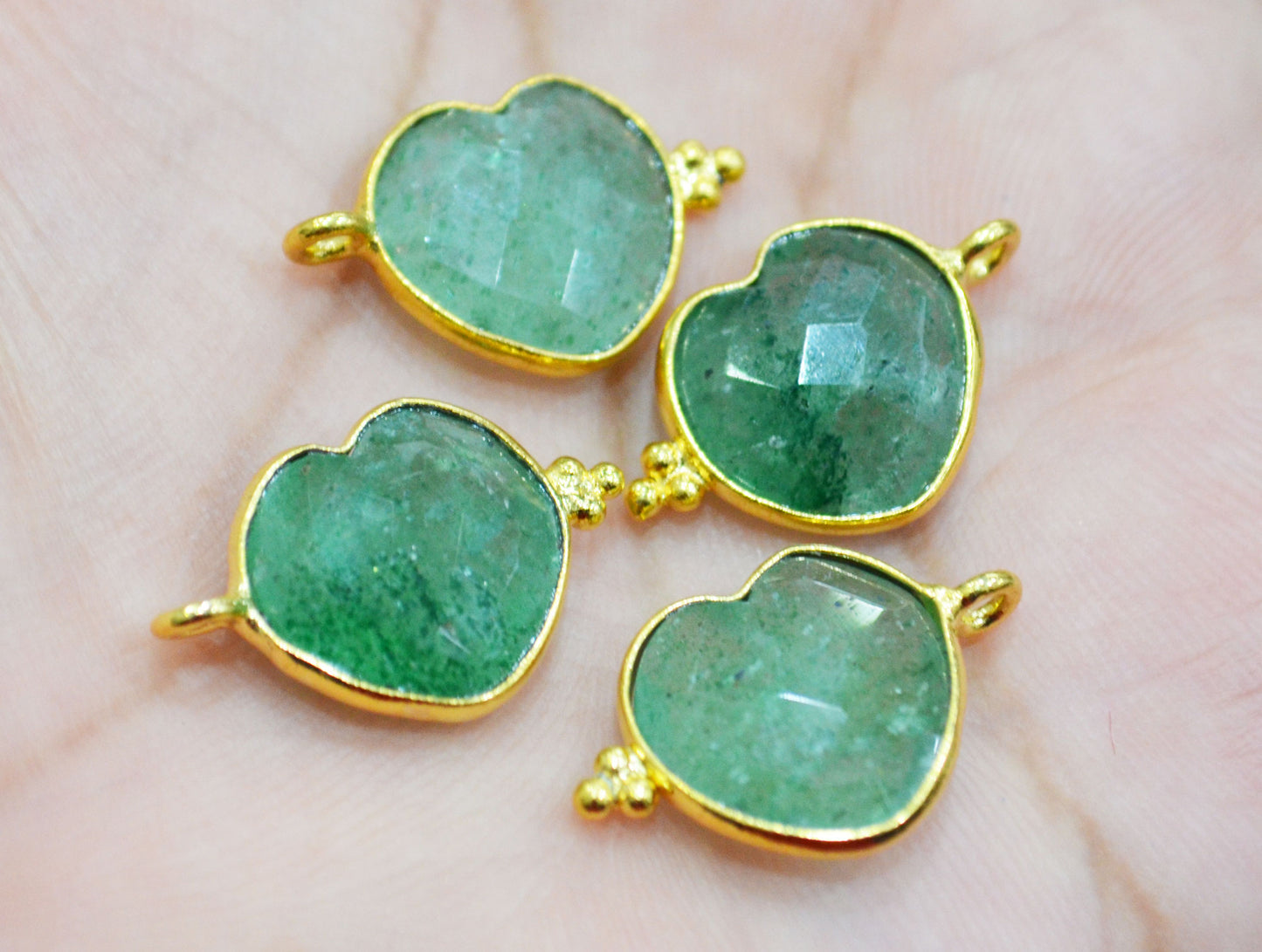 Green Strawberry Quartz Faceted Heart Shape Single Bail Connector With 1 Gm Gold Plating , Sold By Piece , Ready Component , 14 mm , RB-6789