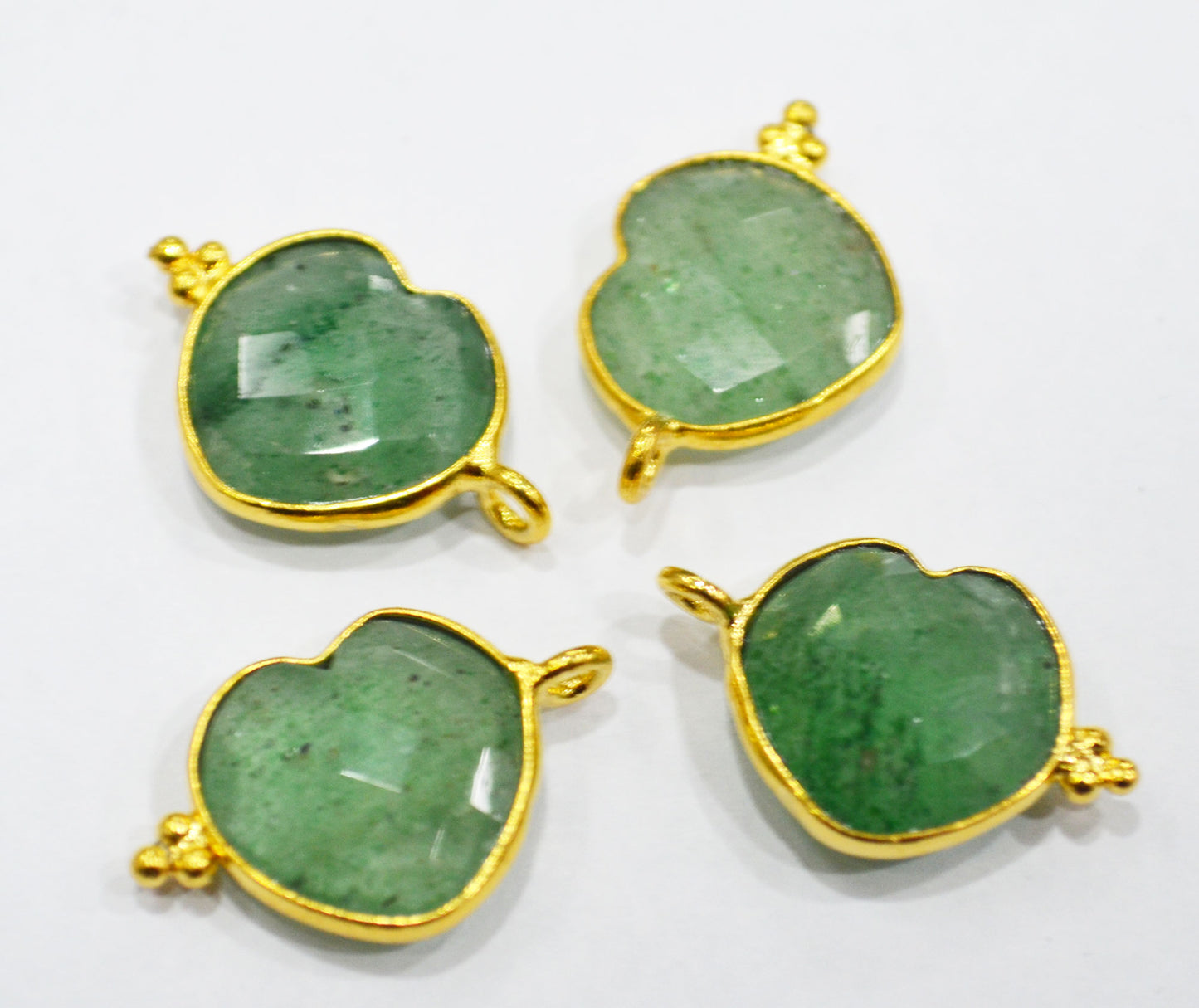 Green Strawberry Quartz Faceted Heart Shape Single Bail Connector With 1 Gm Gold Plating , Sold By Piece , Ready Component , 14 mm , RB-6789