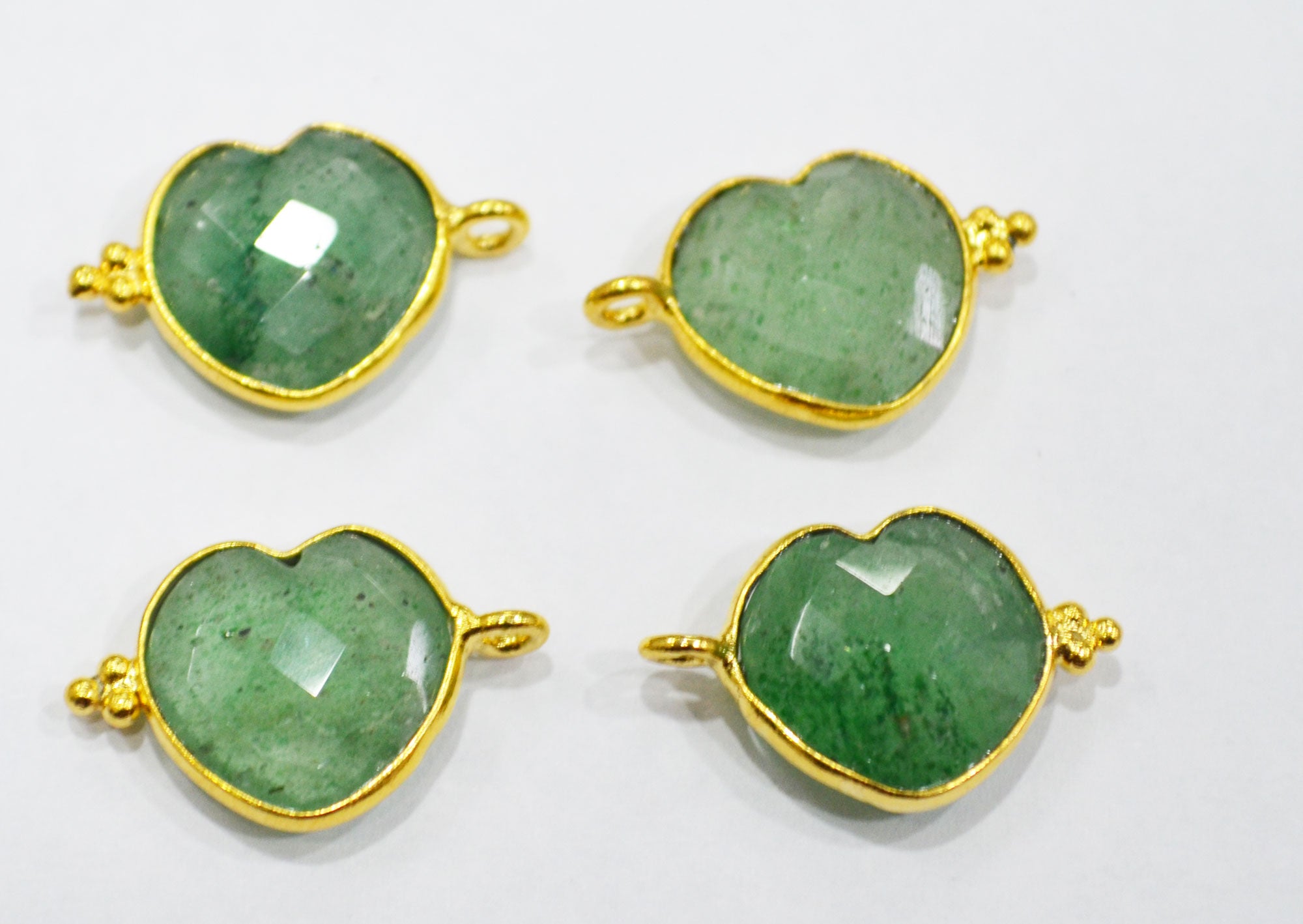 Green Strawberry Quartz Faceted Heart Shape Single Bail Connector With 1 Gm Gold Plating , Sold By Piece , Ready Component , 14 mm , RB-6789