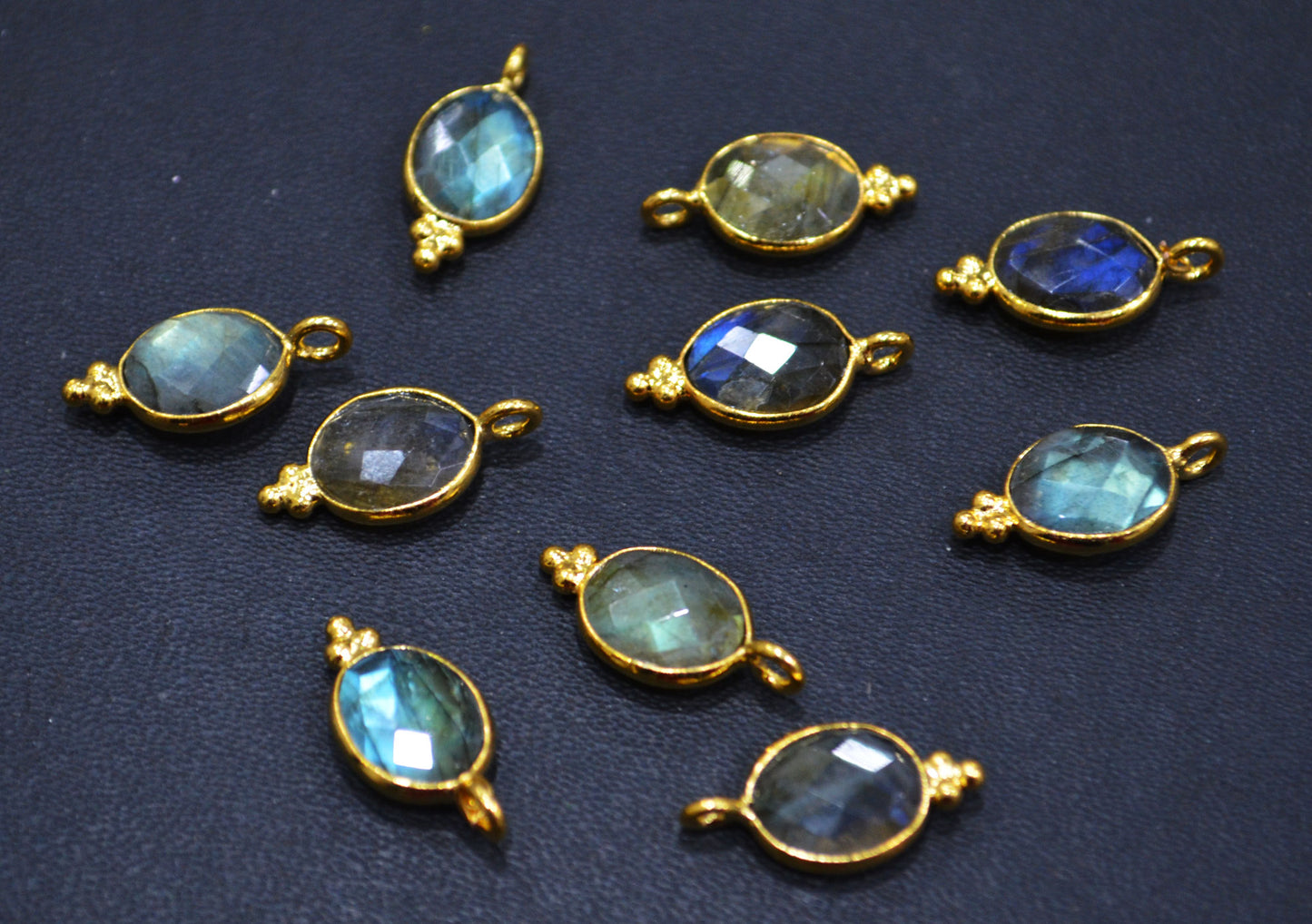 Flashy Labradorite Faceted Oval Shape Single Bail Connector With 1 Gm Gold Plating Charm ,Sold By Piece ,Ready Component ,9x10 mm , RB-6790