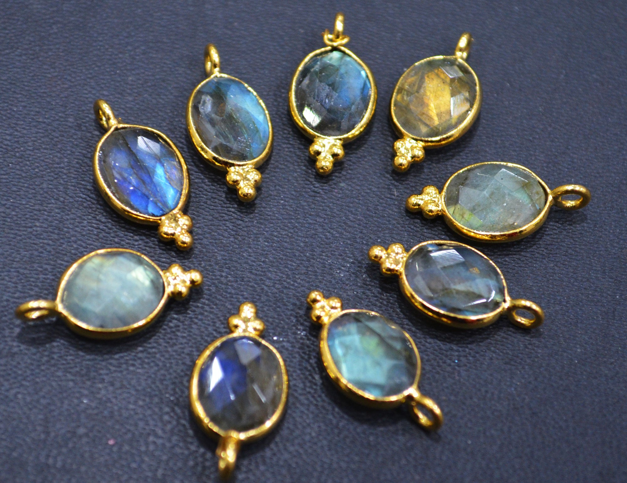 Flashy Labradorite Faceted Oval Shape Single Bail Connector With 1 Gm Gold Plating Charm ,Sold By Piece ,Ready Component ,9x10 mm , RB-6790