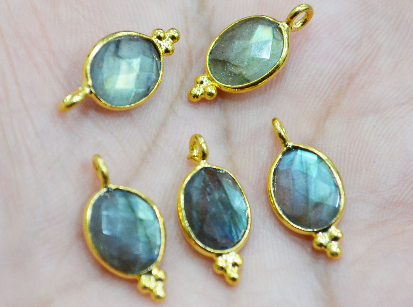Flashy Labradorite Faceted Oval Shape Single Bail Connector With 1 Gm Gold Plating Charm ,Sold By Piece ,Ready Component ,9x10 mm , RB-6790