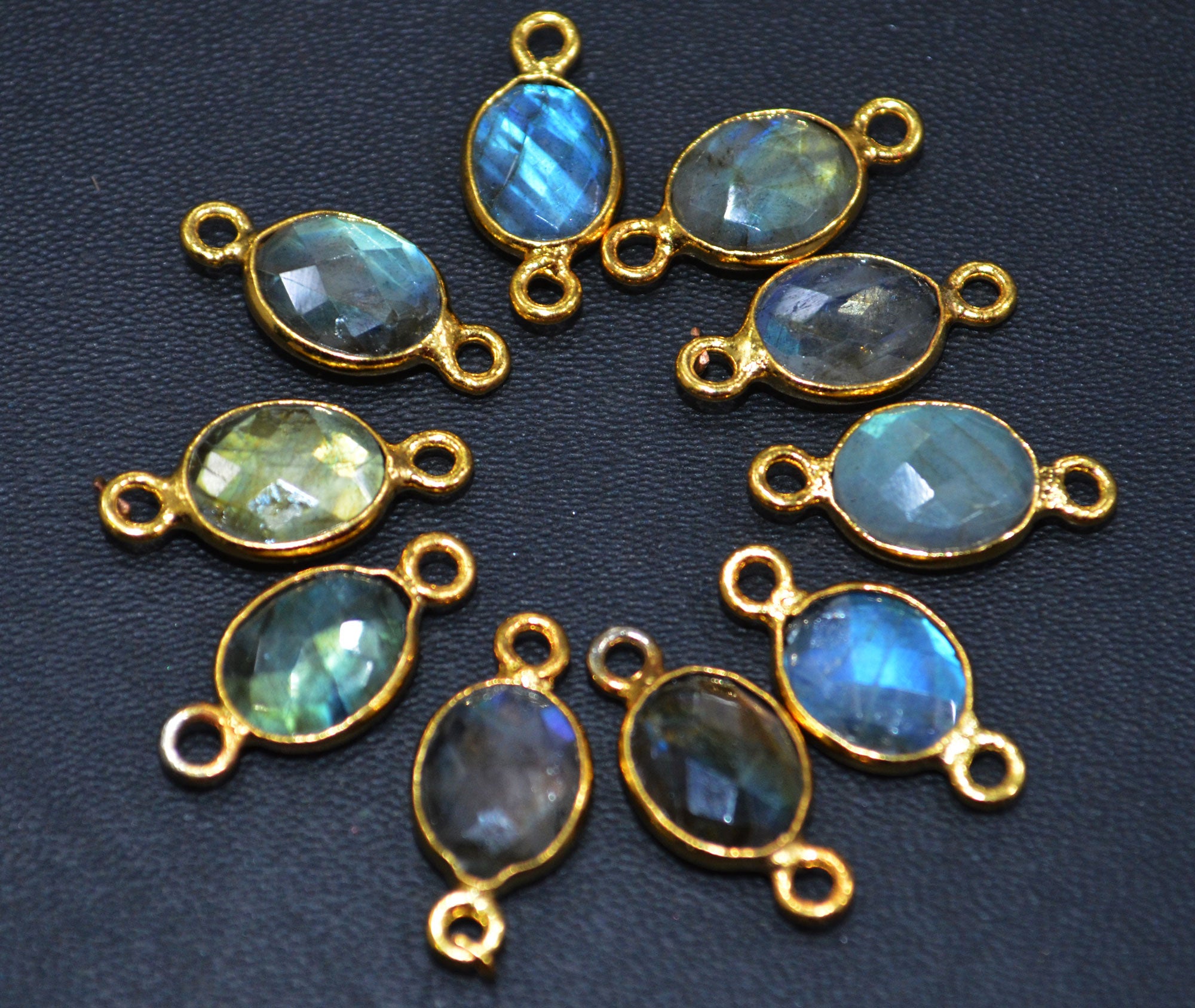 Flashy Labradorite Faceted Oval Shape Double Bail Connector With 1 Gm Gold Plating Charm ,Sold By Piece ,Ready Component ,10x9 mm , RB-6791