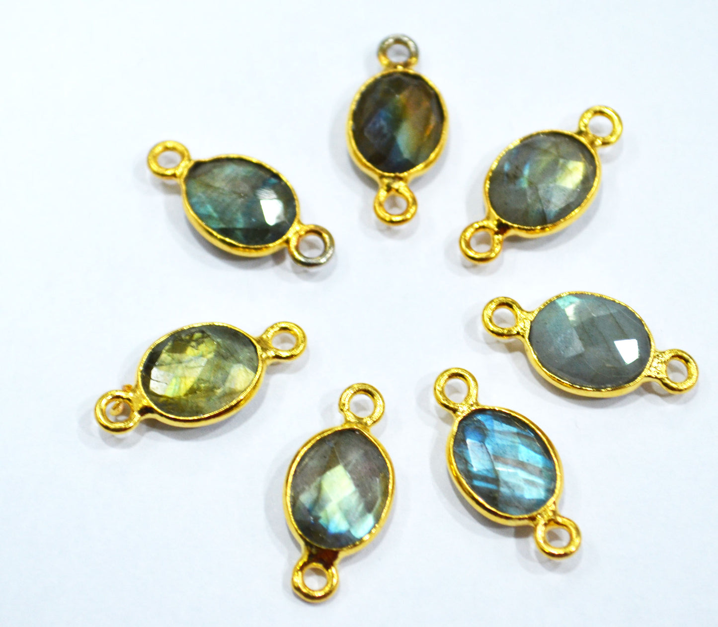 Flashy Labradorite Faceted Oval Shape Double Bail Connector With 1 Gm Gold Plating Charm ,Sold By Piece ,Ready Component ,10x9 mm , RB-6791