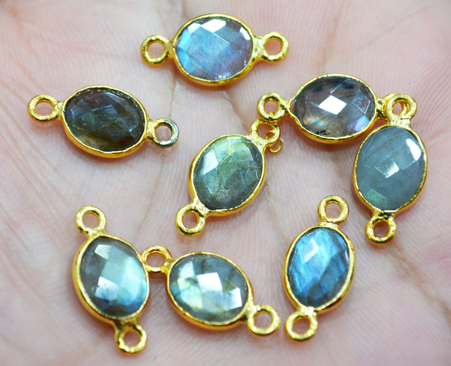 Flashy Labradorite Faceted Oval Shape Double Bail Connector With 1 Gm Gold Plating Charm ,Sold By Piece ,Ready Component ,10x9 mm , RB-6791