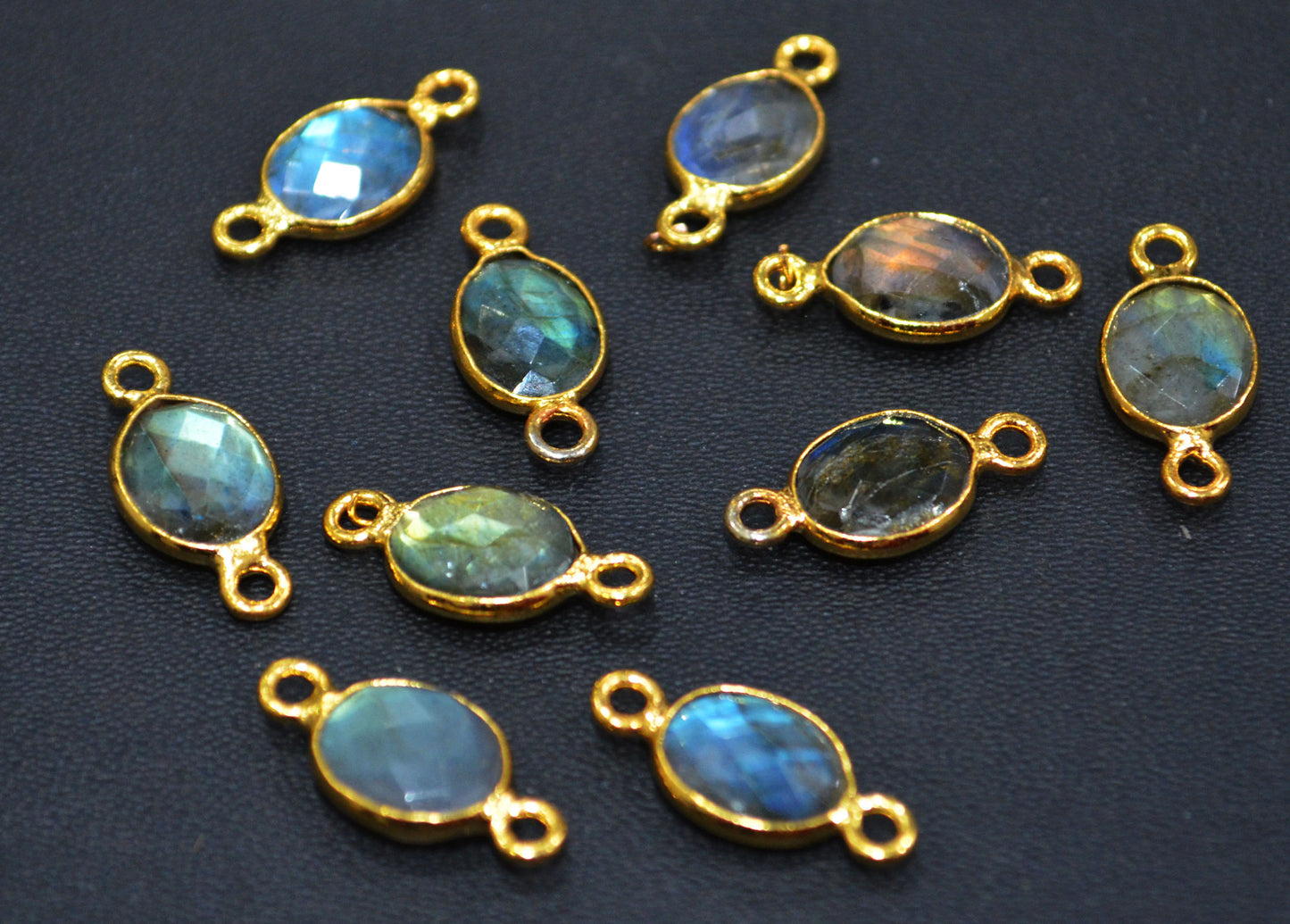 Flashy Labradorite Faceted Oval Shape Double Bail Connector With 1 Gm Gold Plating Charm ,Sold By Piece ,Ready Component ,10x9 mm , RB-6791