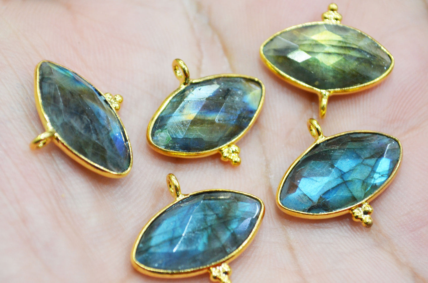 Flashy Labradorite Faceted Marquise Shape Single Bail Connector With 1 Gm Gold Plating ,Sold By Piece , Ready Component ,20x10 mm , RB-6792
