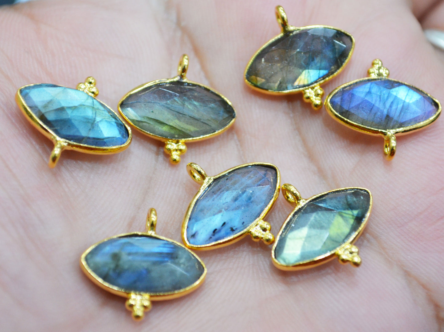 Flashy Labradorite Faceted Marquise Shape Single Bail Connector With 1 Gm Gold Plating ,Sold By Piece , Ready Component , 17x8 mm , RB-6793