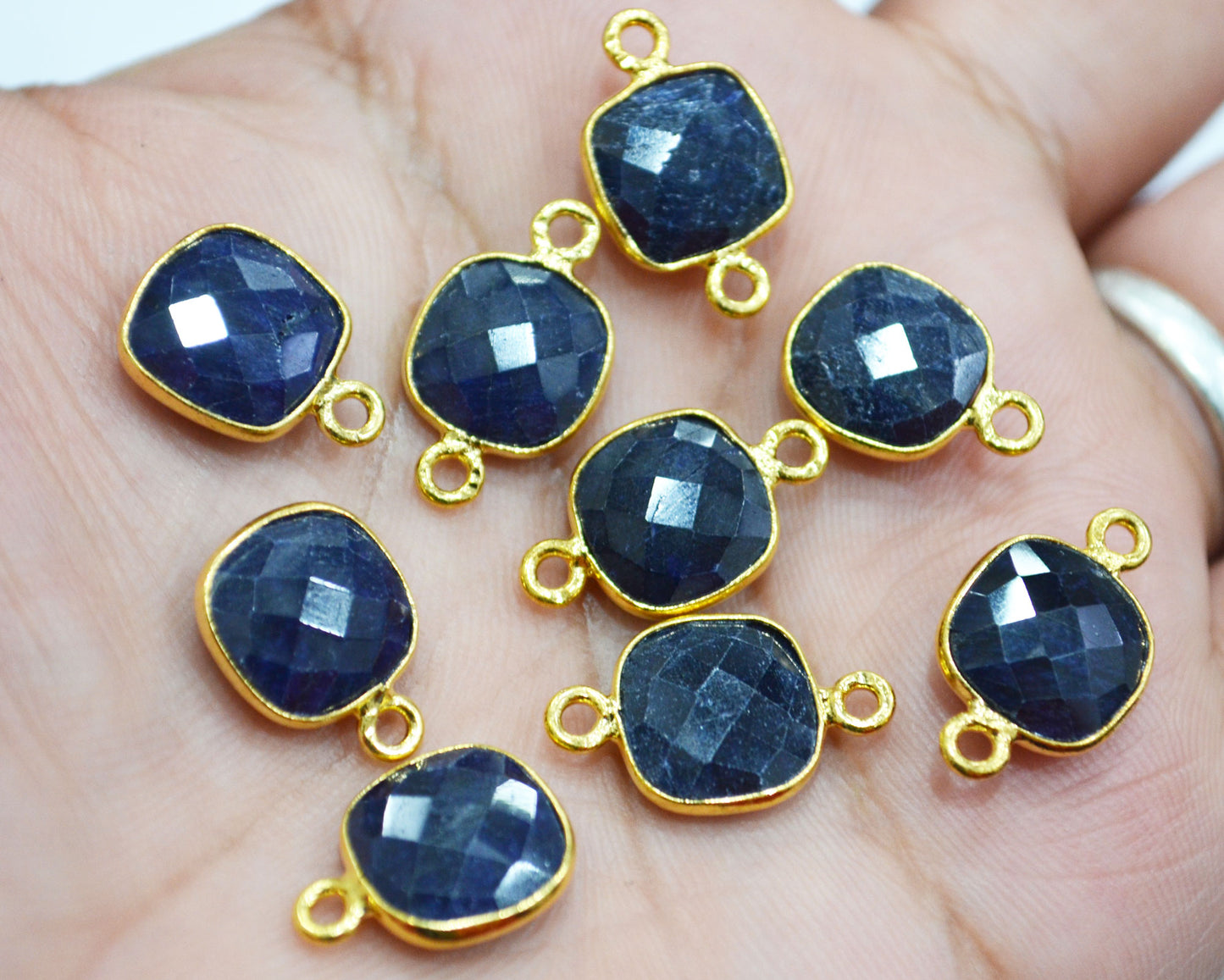 Corundum Sapphire Faceted Cushion Shape Single And Double Bail Connector With 1 Gm Gold Plating Charm , Sold By Piece , 11 mm , RB-6797