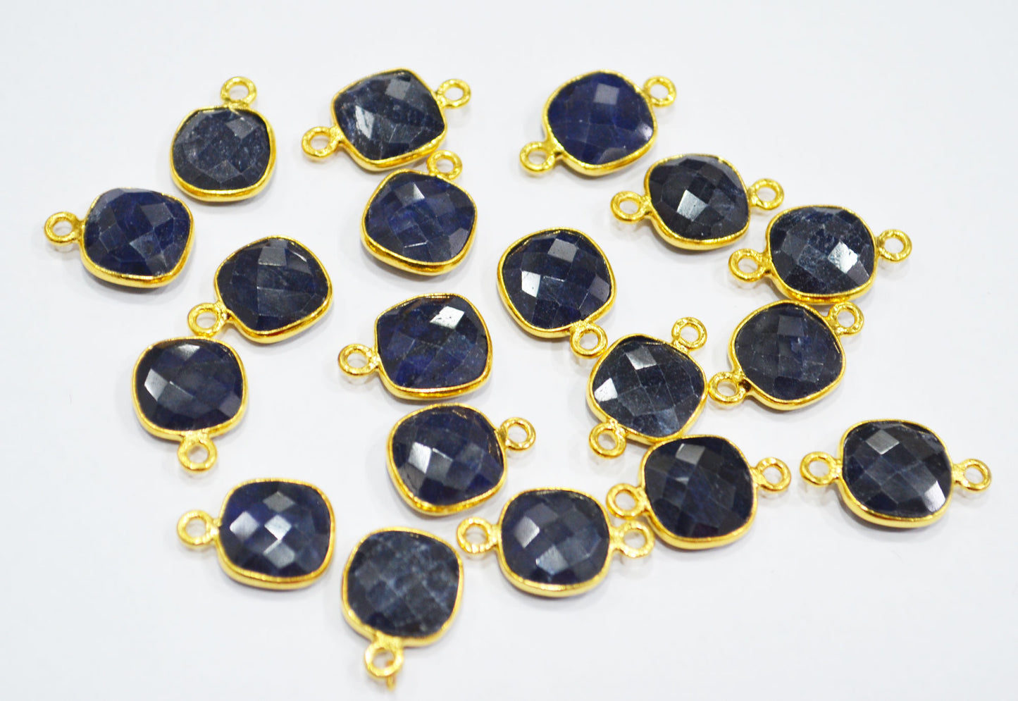 Corundum Sapphire Faceted Cushion Shape Single And Double Bail Connector With 1 Gm Gold Plating Charm , Sold By Piece , 11 mm , RB-6797