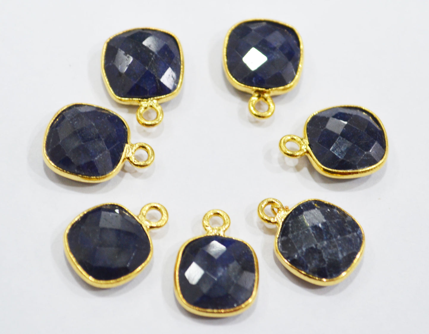 Corundum Sapphire Faceted Cushion Shape Single And Double Bail Connector With 1 Gm Gold Plating Charm , Sold By Piece , 11 mm , RB-6797