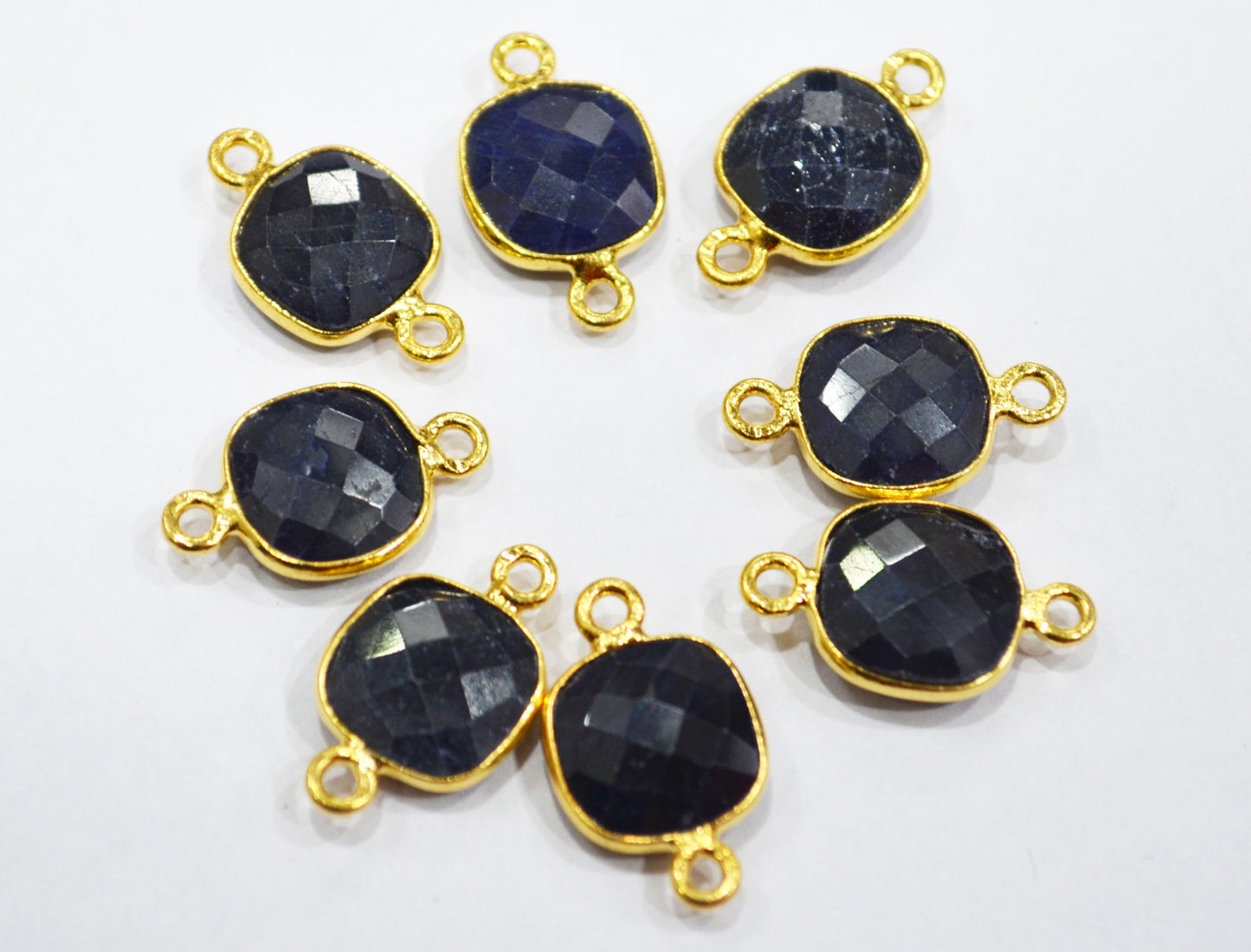 Corundum Sapphire Faceted Cushion Shape Single And Double Bail Connector With 1 Gm Gold Plating Charm , Sold By Piece , 11 mm , RB-6797