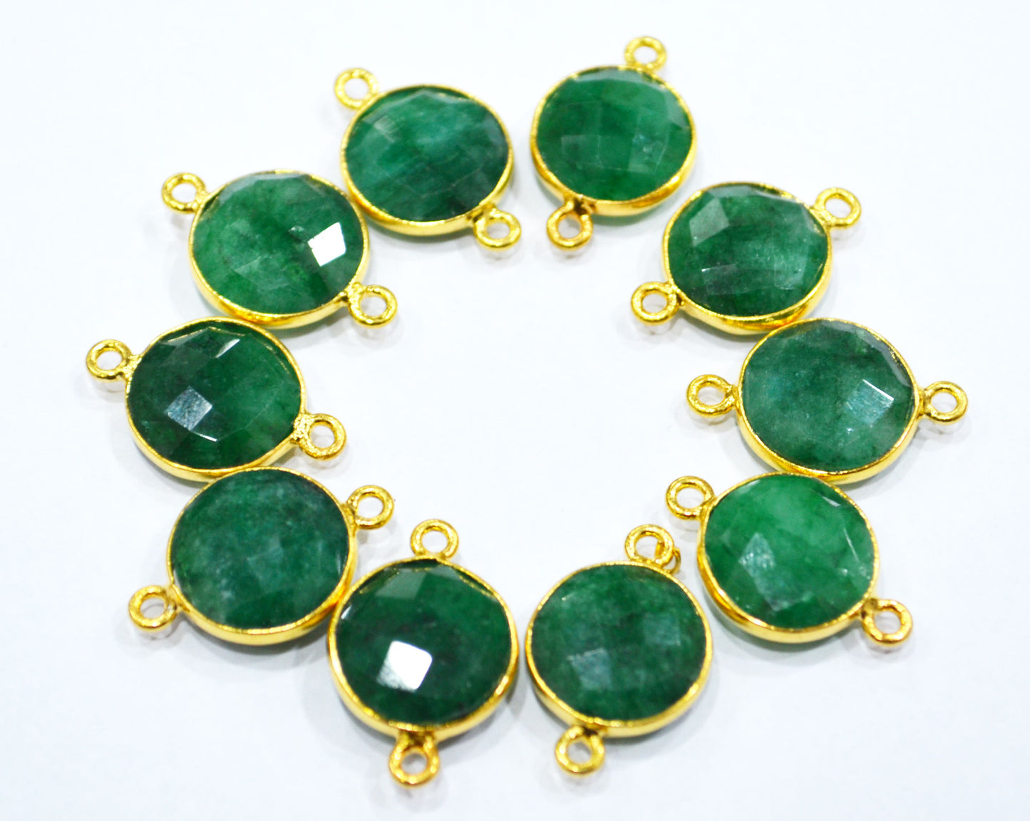 Corundum Emerald Faceted Coin Shape Single And Double Bail Connector With 1 Gm Gold Plating Charm , Sold By Piece , 14 mm , RB-6798