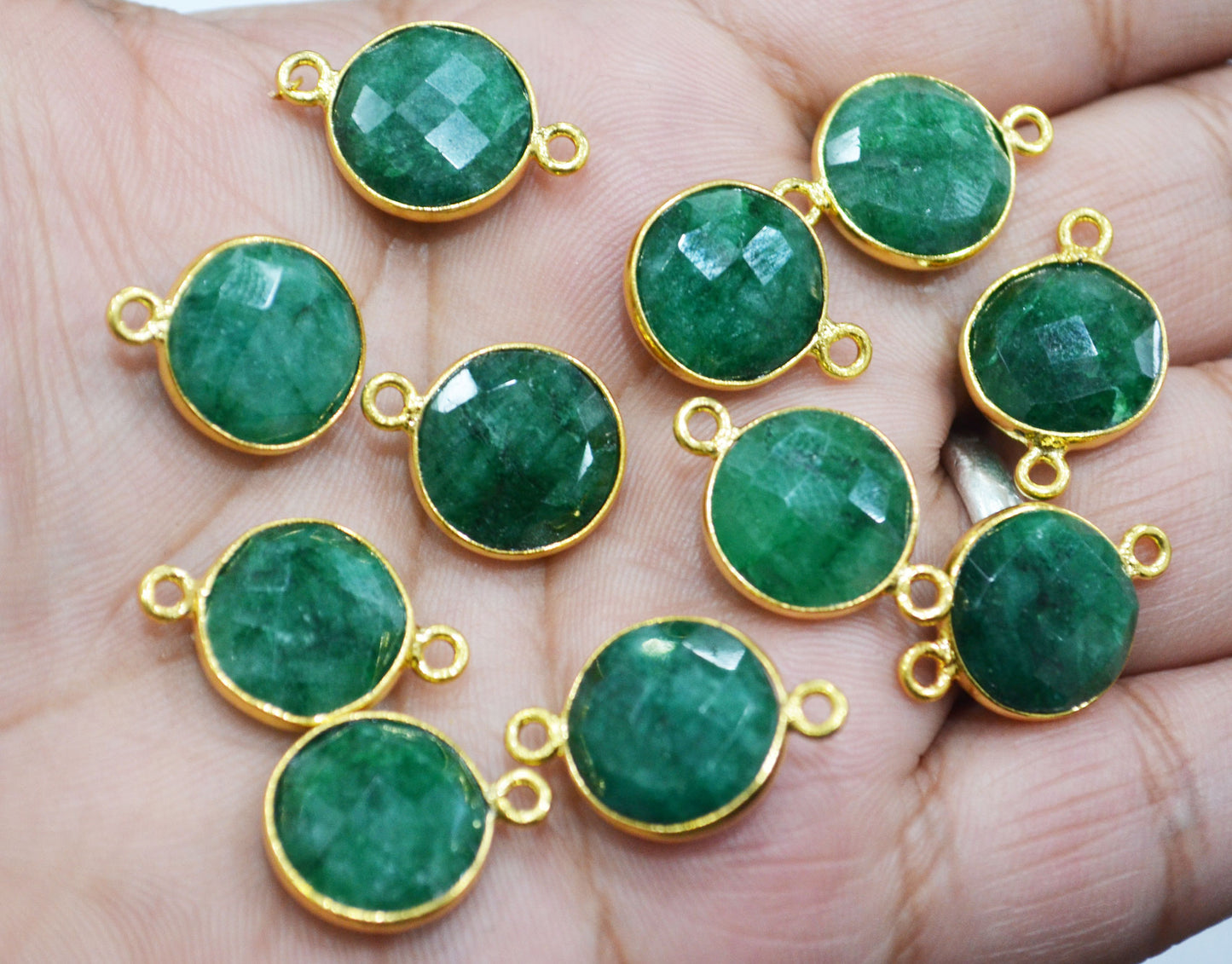 Corundum Emerald Faceted Coin Shape Single And Double Bail Connector With 1 Gm Gold Plating Charm , Sold By Piece , 14 mm , RB-6798