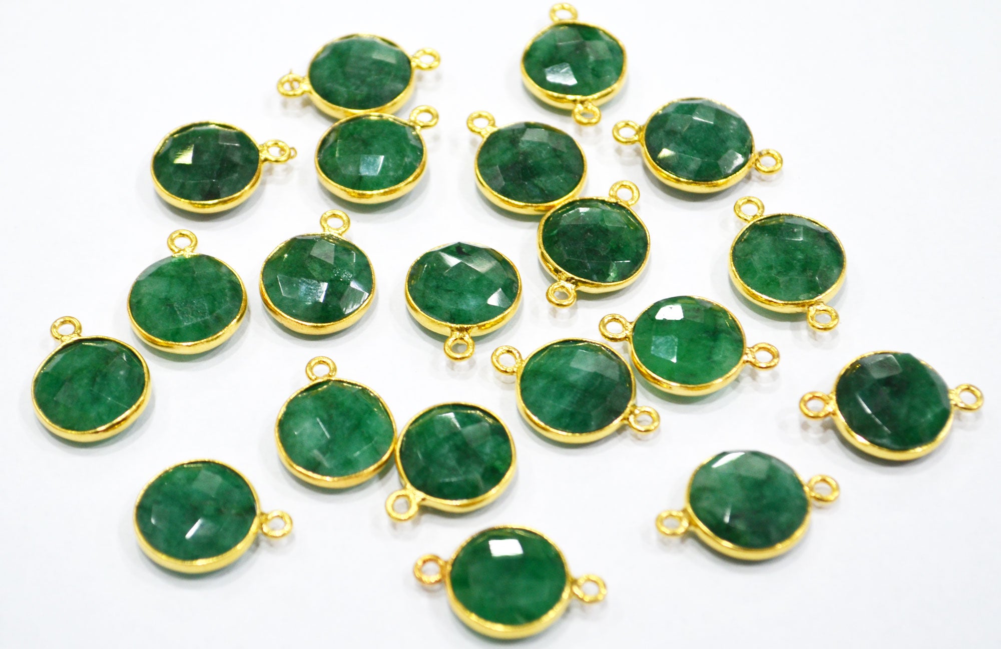 Corundum Emerald Faceted Coin Shape Single And Double Bail Connector With 1 Gm Gold Plating Charm , Sold By Piece , 14 mm , RB-6798