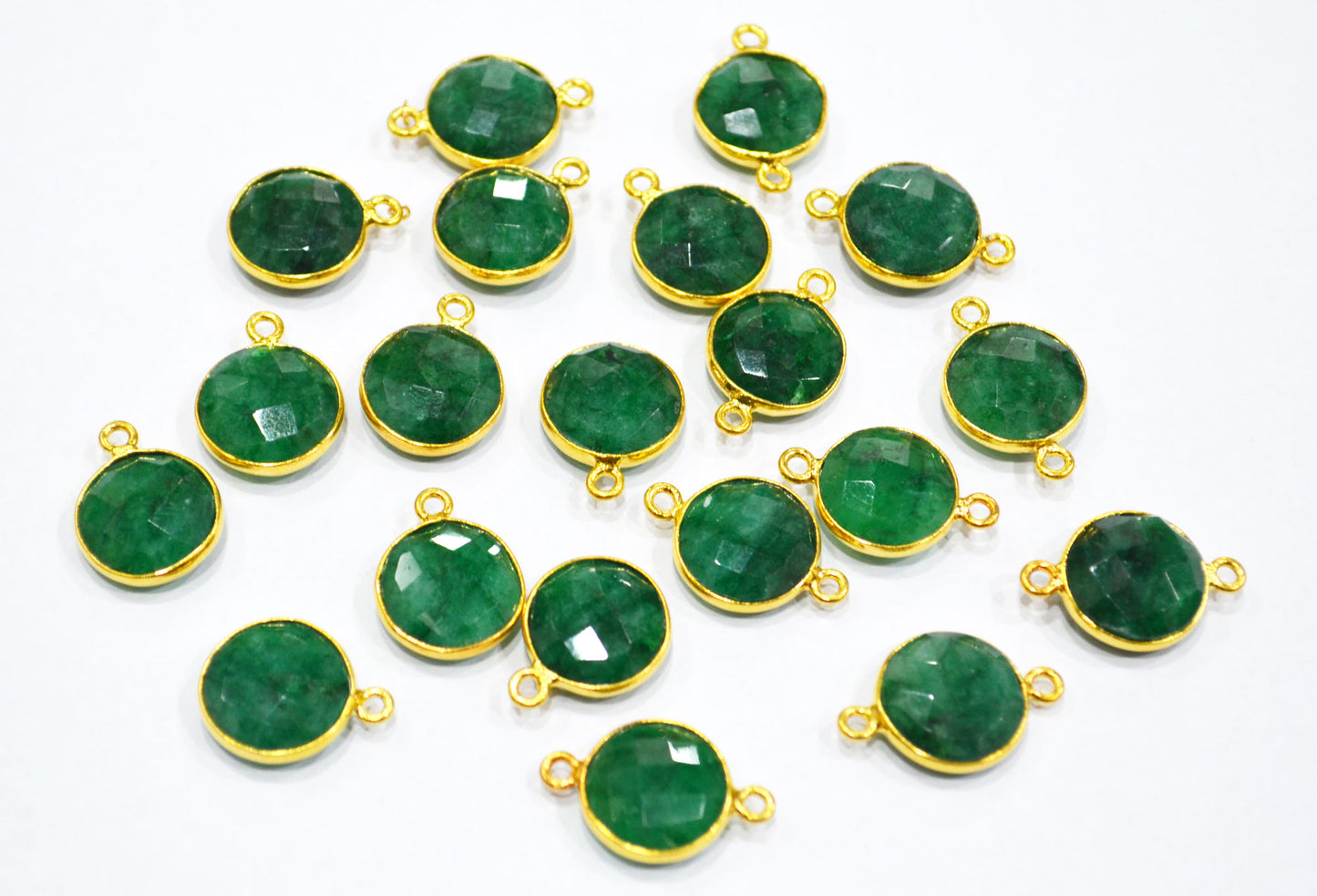 Corundum Emerald Faceted Coin Shape Single And Double Bail Connector With 1 Gm Gold Plating Charm , Sold By Piece , 14 mm , RB-6798