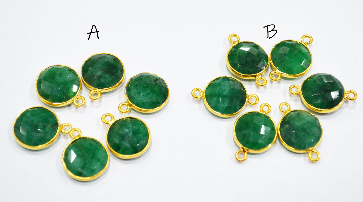 Corundum Emerald Faceted Coin Shape Single And Double Bail Connector With 1 Gm Gold Plating Charm , Sold By Piece , 14 mm , RB-6798