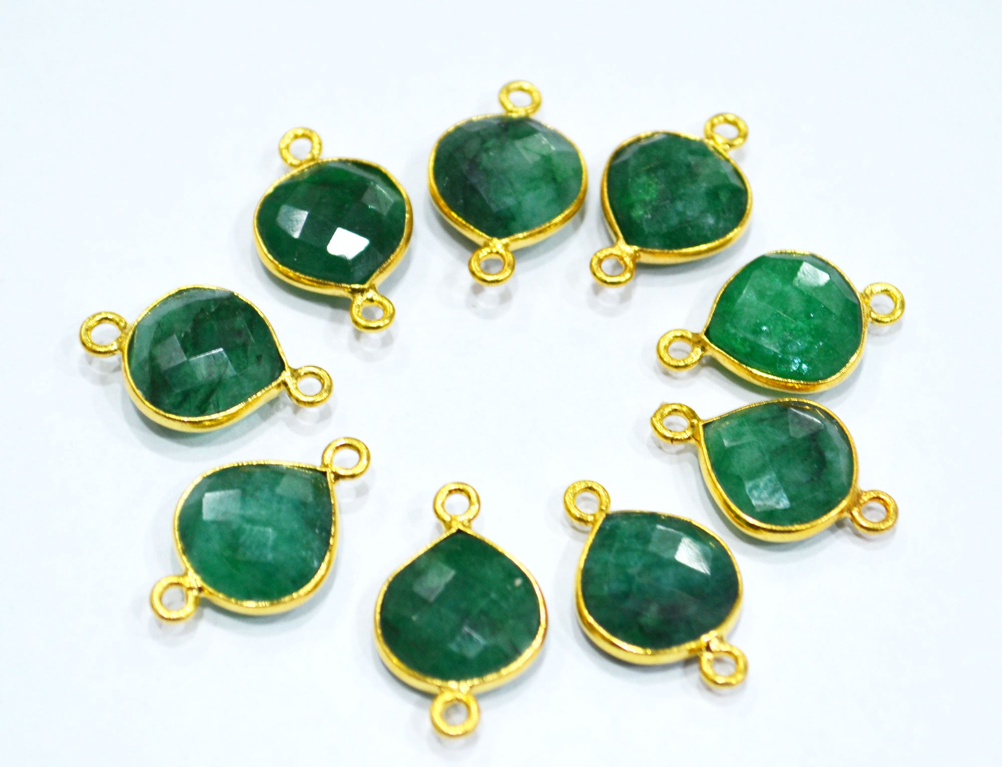 Corundum Emerald Faceted Heart Shape Single And Double Bail Connector With 1 Gm Gold Plating Charm , Sold By Piece , 13 mm , RB-6799
