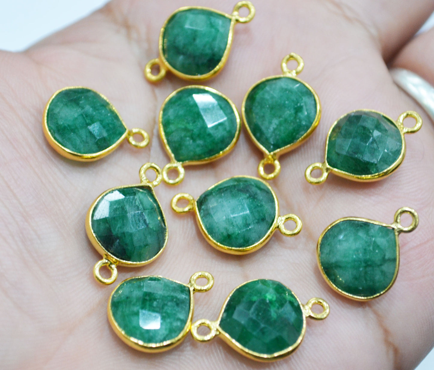 Corundum Emerald Faceted Heart Shape Single And Double Bail Connector With 1 Gm Gold Plating Charm , Sold By Piece , 13 mm , RB-6799