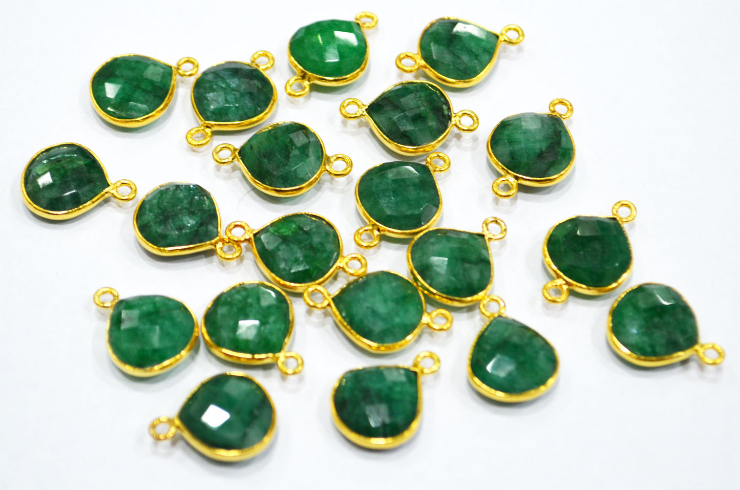 Corundum Emerald Faceted Heart Shape Single And Double Bail Connector With 1 Gm Gold Plating Charm , Sold By Piece , 13 mm , RB-6799