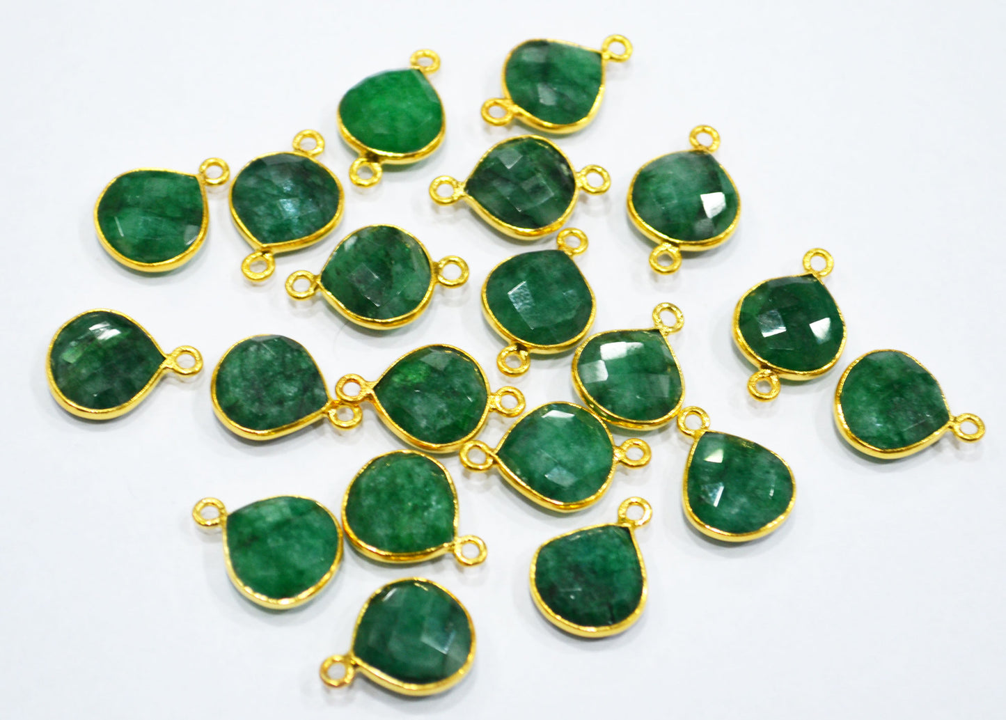 Corundum Emerald Faceted Heart Shape Single And Double Bail Connector With 1 Gm Gold Plating Charm , Sold By Piece , 13 mm , RB-6799