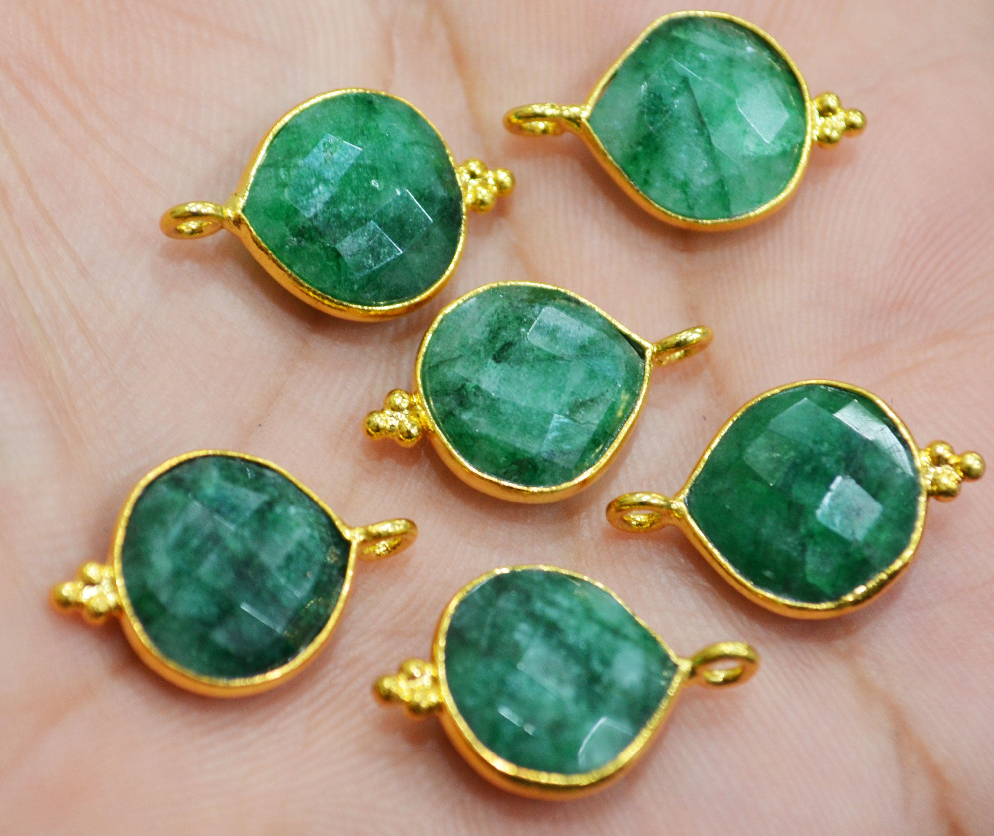Corundum Emerald Faceted Heart Shape Single Bail Connector With 1 Gm Gold Plating Charm , Sold By Piece , 13 mm , RB-6800