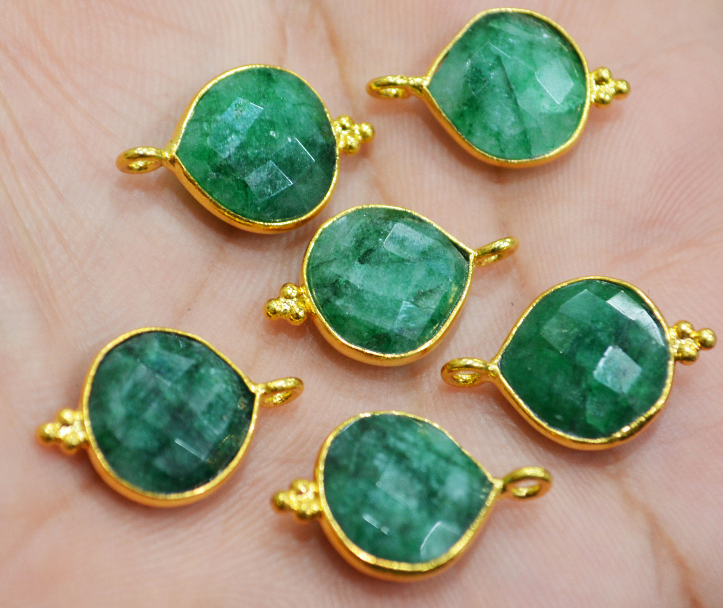 Corundum Emerald Faceted Heart Shape Single Bail Connector With 1 Gm Gold Plating Charm , Sold By Piece , 13 mm , RB-6800
