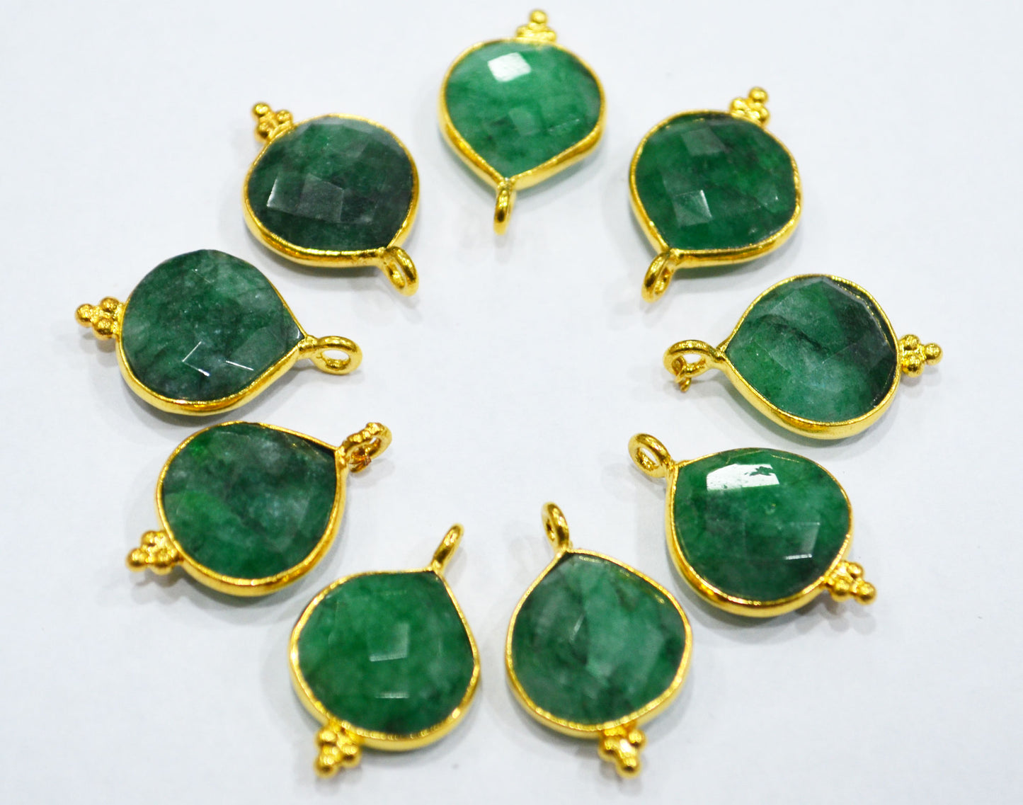 Corundum Emerald Faceted Heart Shape Single Bail Connector With 1 Gm Gold Plating Charm , Sold By Piece , 13 mm , RB-6800